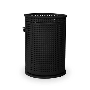 Black Wabash Valley Commercial Trash Receptacle w/ Side Opening, perforated body with a side door, plastisol coated, model LR305P, side opening trash can