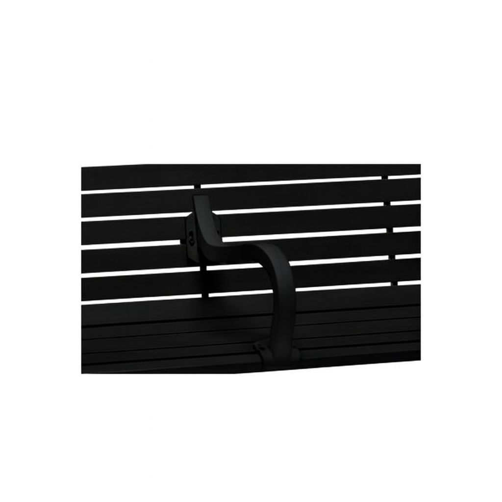 Black Covington center armrest, model CO6538N, mounted at the middle of a Wabash Valley Steel Covington Bench with a horizontal slat seat, outdoor park bench