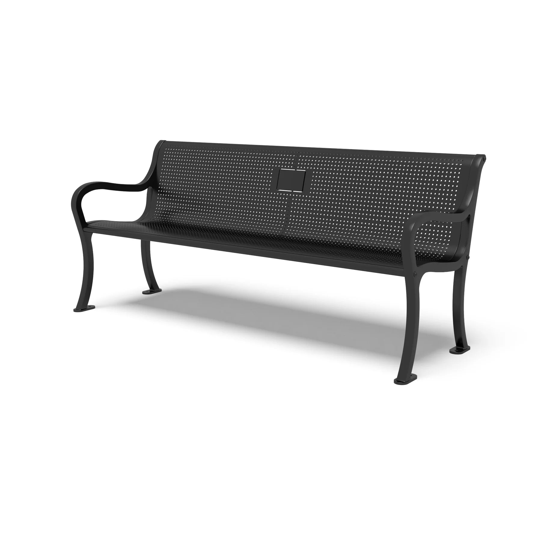 Black Wabash Valley Covington Memorial Bench, square perforated steel seat, cast aluminum frame, plaque on the backrest, model COJ111C, personalized memorial bench