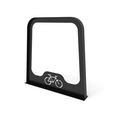 Angled view of a Black Wabash Valley Designer bike rack, flat bike rack panel standing 30 inches tall on a slim base
