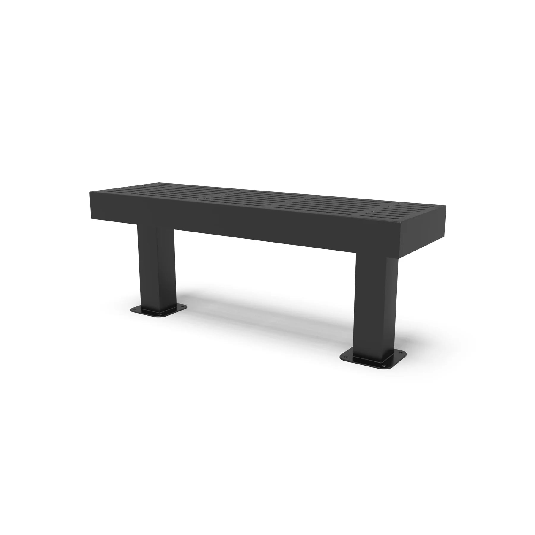 Black Wabash Valley Designer traditional backless steel park bench with surface mount legs and a slatted plastisol coated seat