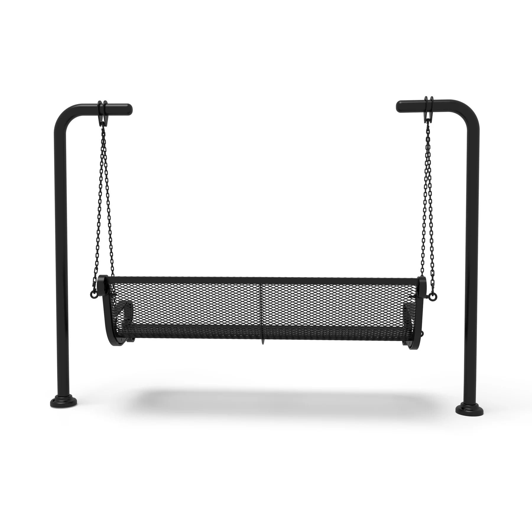 Black Wabash Valley Estate Diamond Swing Bench, back view, plastisol-coated steel seat on inground posts, garden swing bench