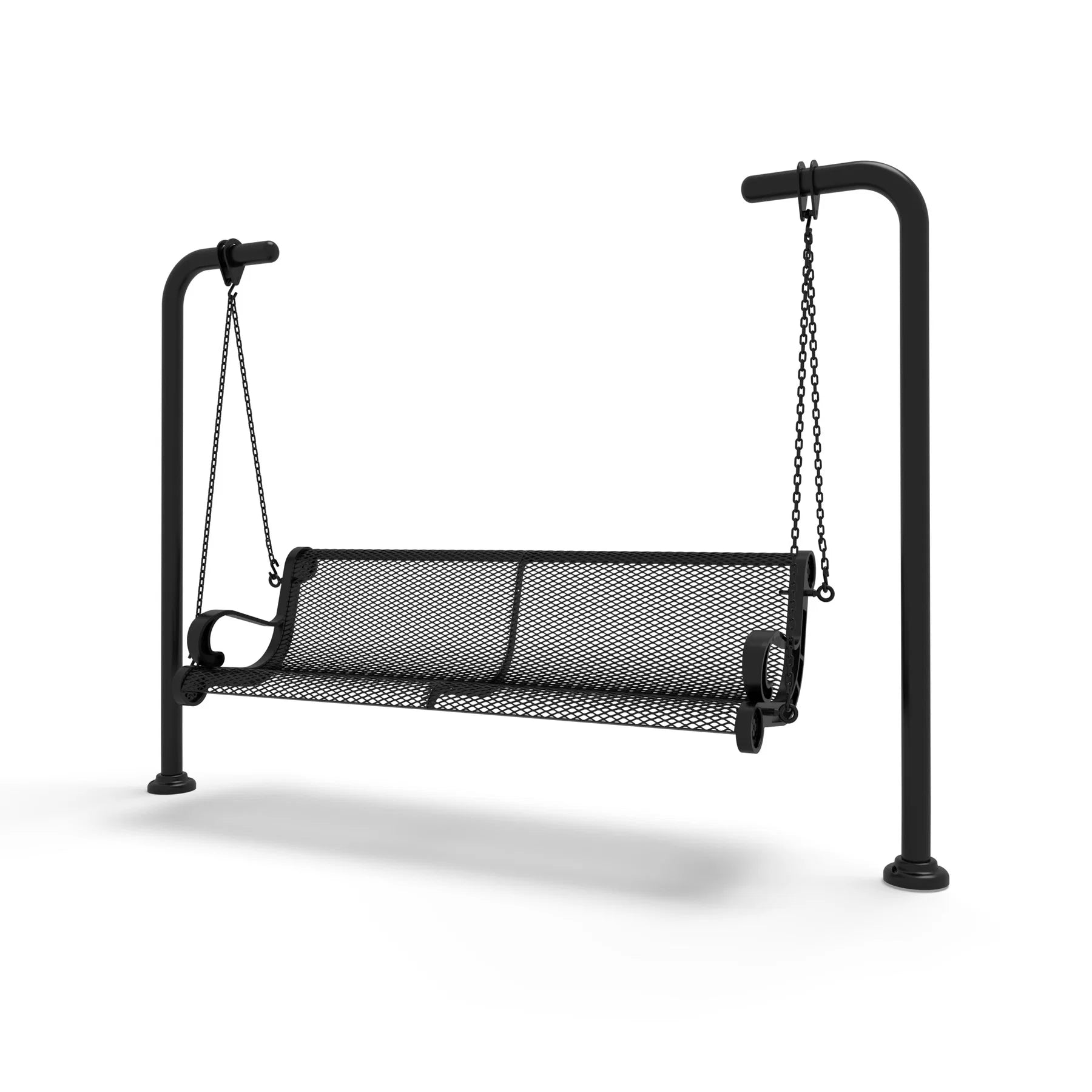 Black Wabash Valley Estate Diamond Swing Bench, plastisol-coated steel seat on inground posts, commercial swing for parks and campuses