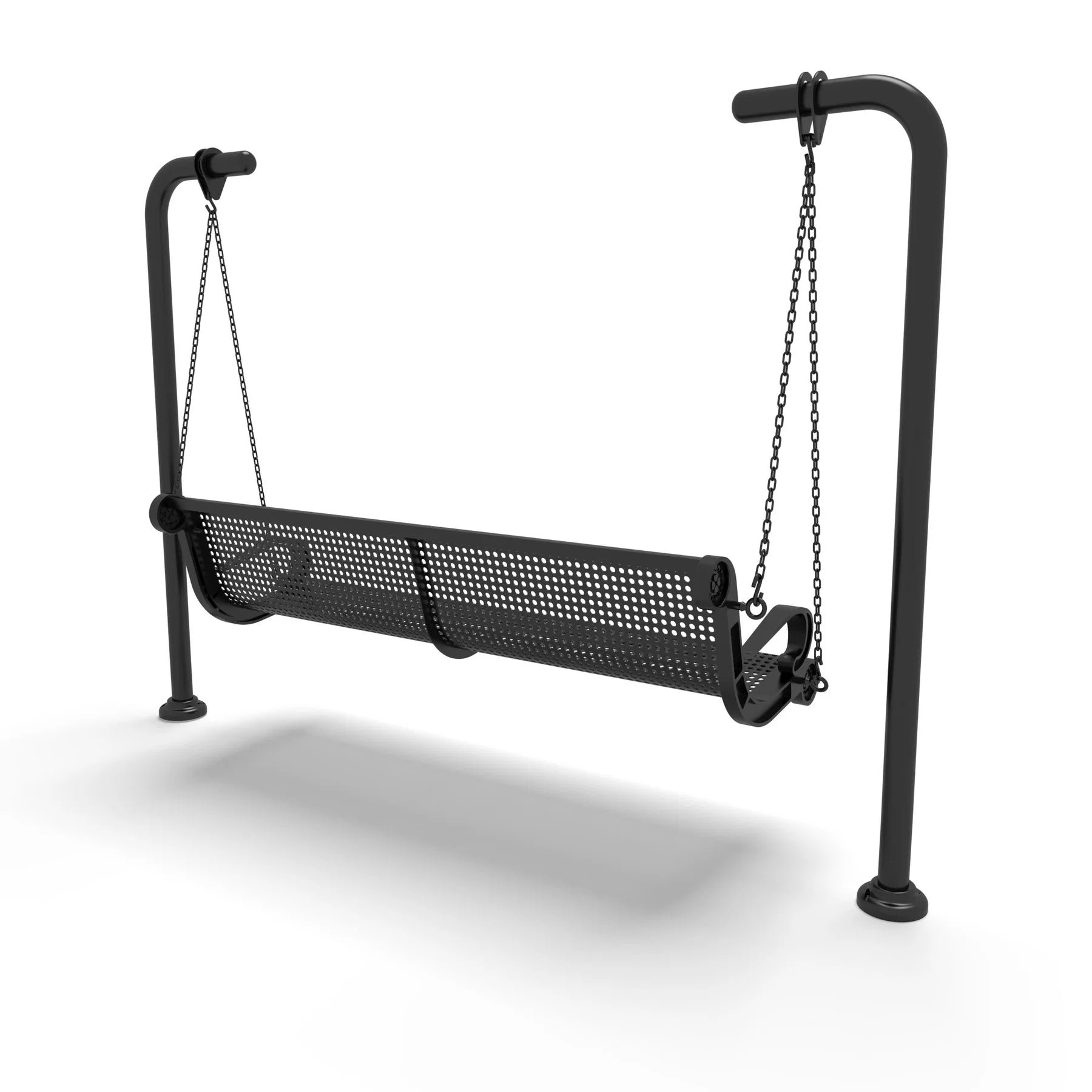 Black Wabash Valley Estate Perforated Swing Bench, back side angle, plastisol-coated steel seat on inground posts, patio swing bench