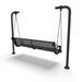 Black Wabash Valley Estate Perforated Swing Bench, back side angle, plastisol-coated steel seat on inground posts, patio swing bench