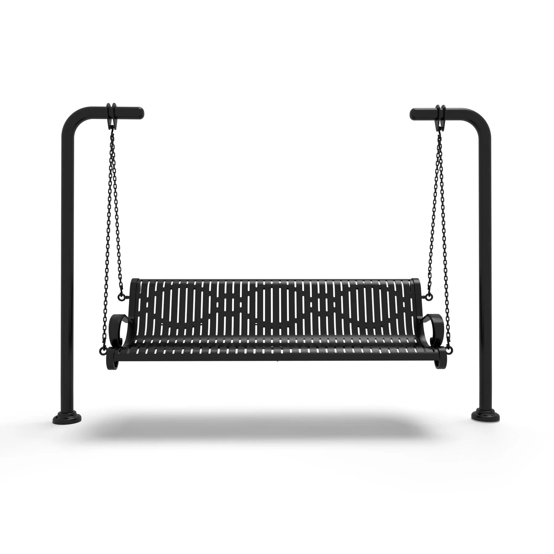 Black Wabash Valley Estate Ribbed Swing Bench, front view, plastisol-coated steel seat on inground posts, heavy duty swing frame set in concrete