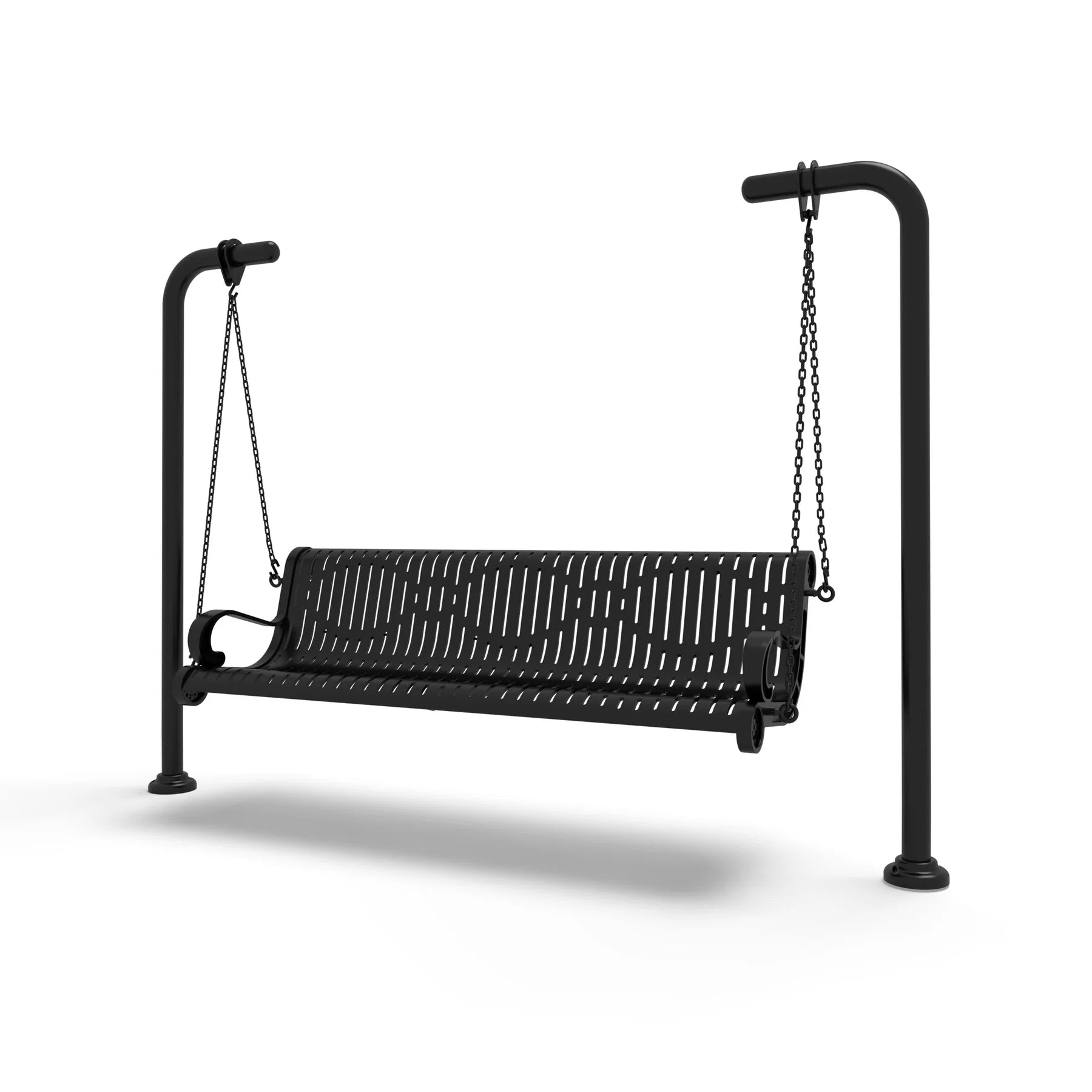 Black Wabash Valley Estate Ribbed Swing Bench, plastisol-coated steel seat on inground posts, hanging bench swing on chains