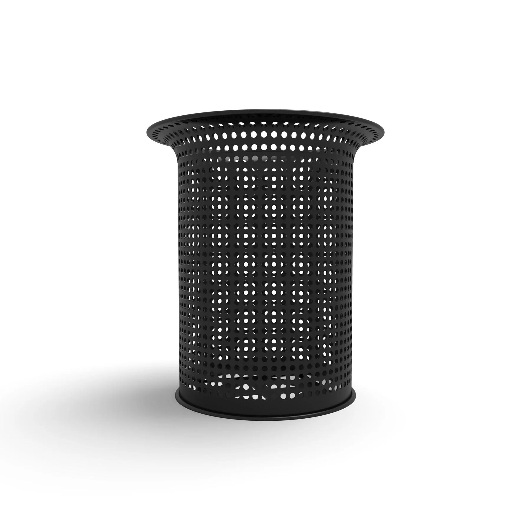 Black Wabash Valley Flared Commercial Trash Receptacle, Perforated, plastisol coated steel with a flared top, model FR400P, outdoor trash receptacle