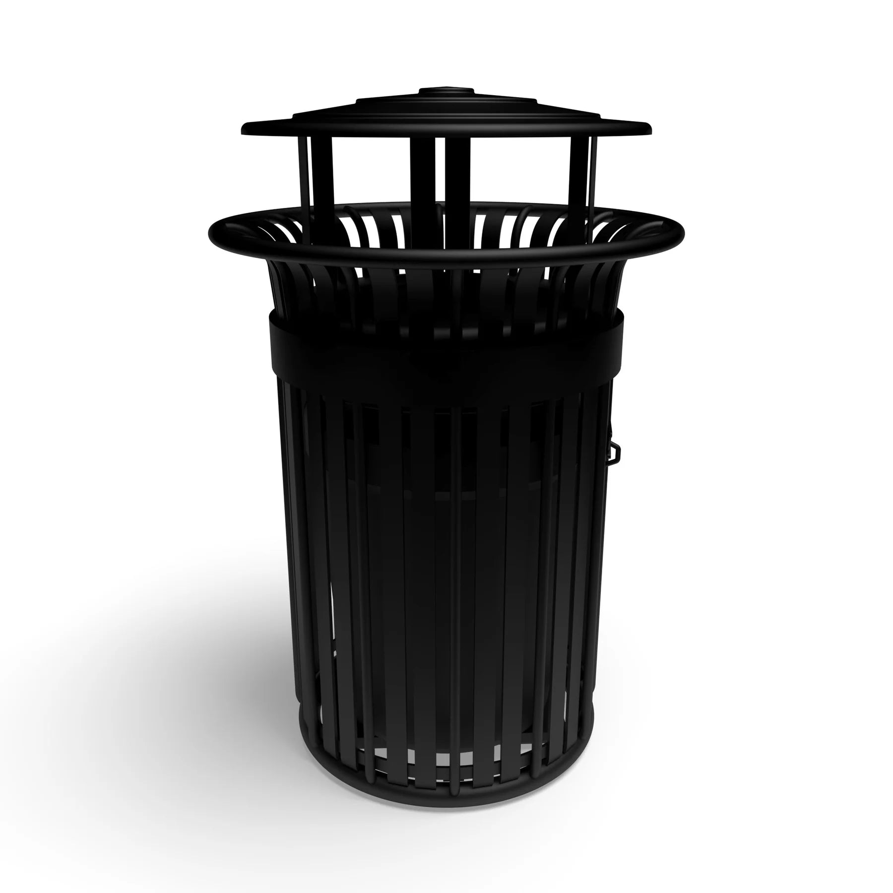 Black Wabash Valley Oxford Commercial Trash Receptacle, With Side Opening, slatted aluminum body and bonnet lid, liner included, model TJ3B43P, public trash can