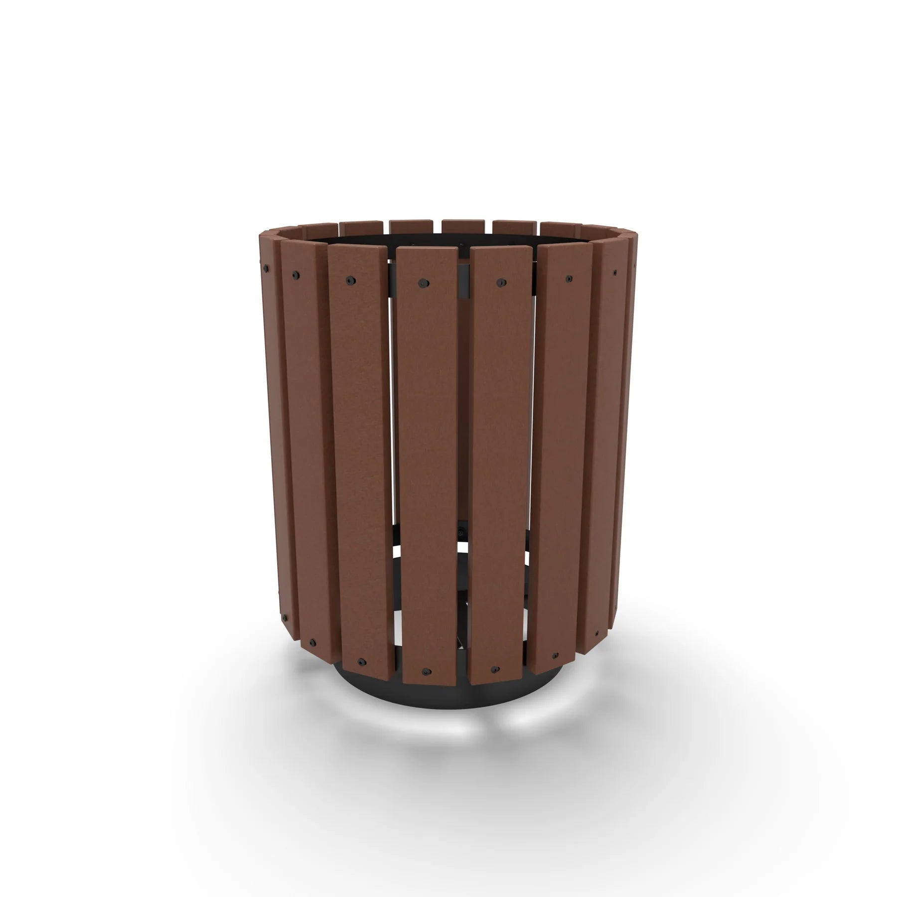 Black Wabash Valley Rinnova Trash Receptacle, Cedar Slats, recycled plastic planks on a black powder-coated steel frame, model RV300G, recycled plastic trash can