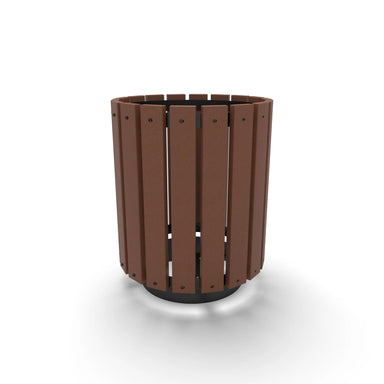 Black Wabash Valley Rinnova Trash Receptacle, Cedar Slats, recycled plastic planks on a black powder-coated steel frame, model RV300G, recycled plastic trash can
