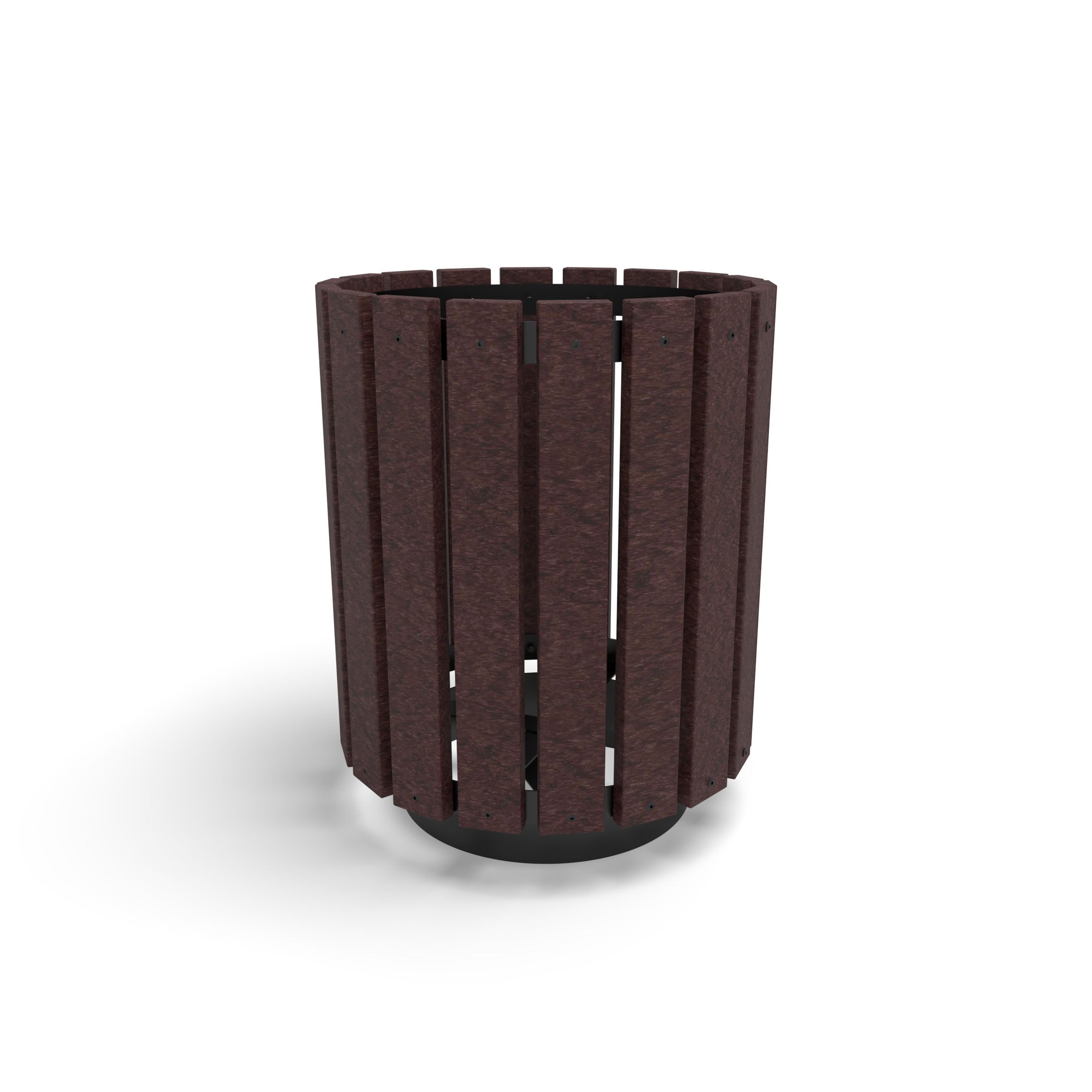 Black Wabash Valley Rinnova Trash Receptacle, Milwaukee Brown Slats, recycled plastic planks on a black powder-coated steel frame, model RV300G, recycled plastic trash can