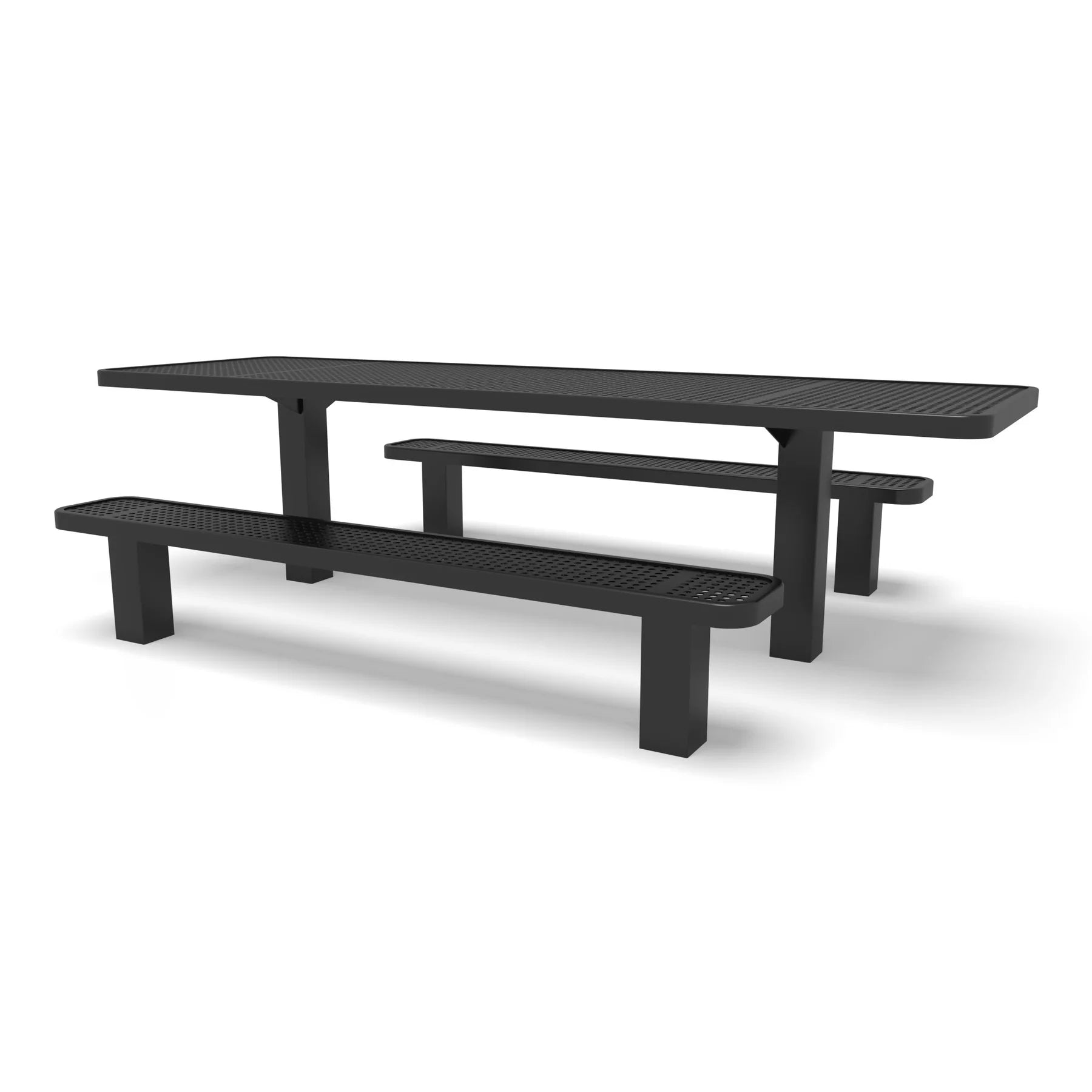 Black Wabash Valley Signature Multi-Pedestal 8 ft ADA Accessible Perforated Inground Picnic Table in plastisol-coated steel, open at both ends for wheelchair seating, model SG207P, ada accessible picnic table