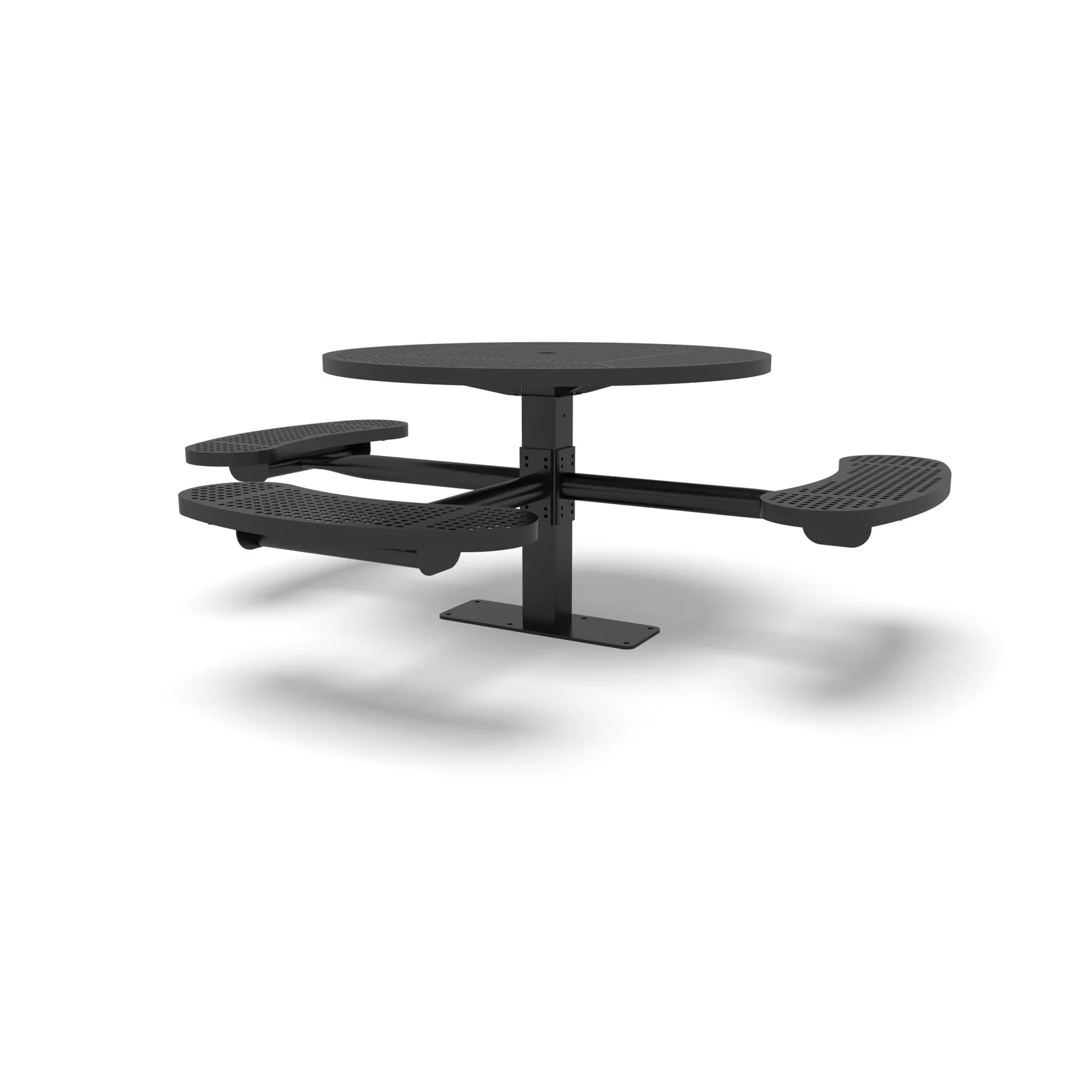 Black Wabash Valley Signature Round Pedestal Picnic Table, Perforated, Standard - ADA Accessible - Surface Mount, in plastisol-coated steel, model SG249P, commercial patio furniture