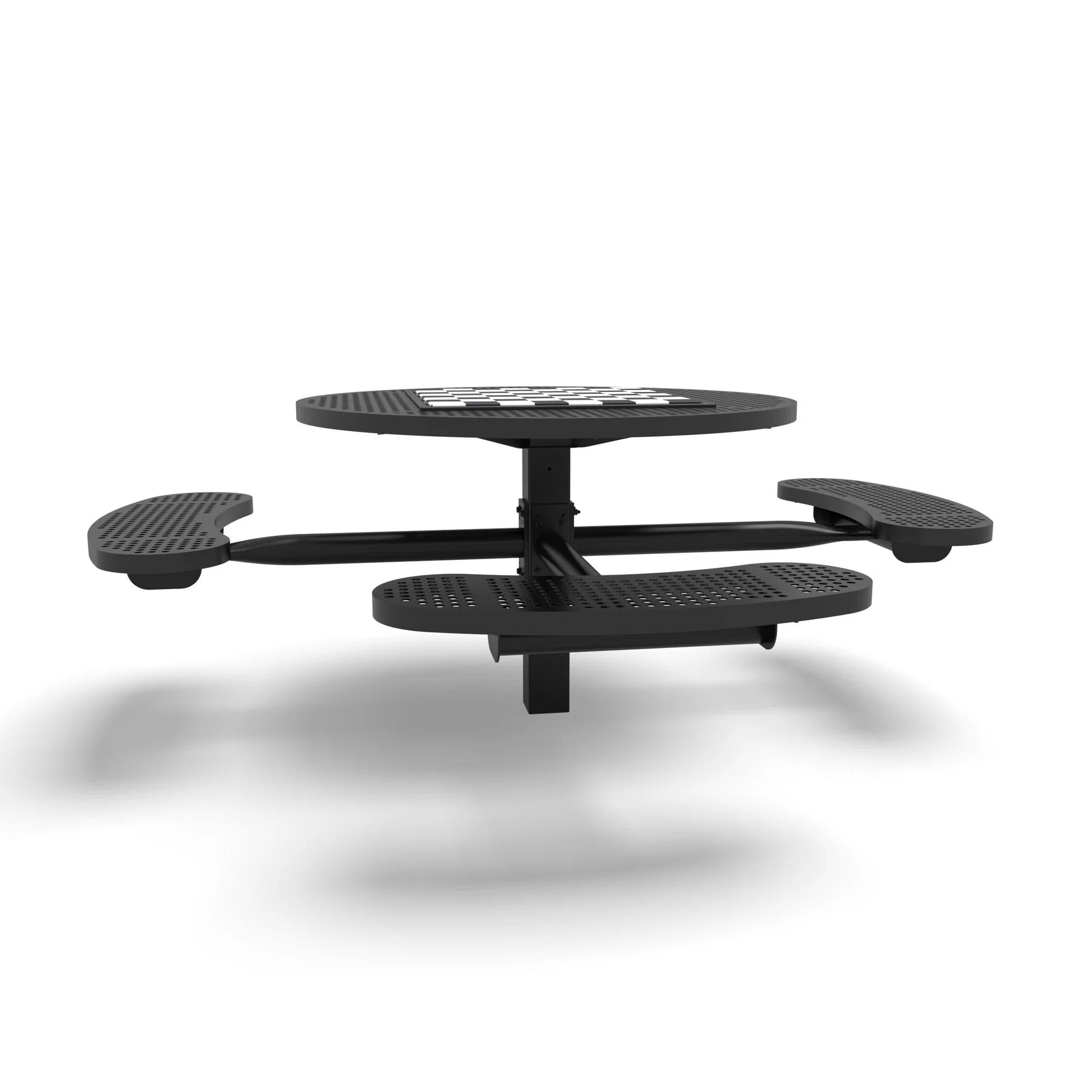 Black Wabash Valley Signature Round Pedestal Picnic Table, Perforated, Chessboard - ADA Accessible - Inground, in plastisol-coated steel, model SP215P, outdoor chess board