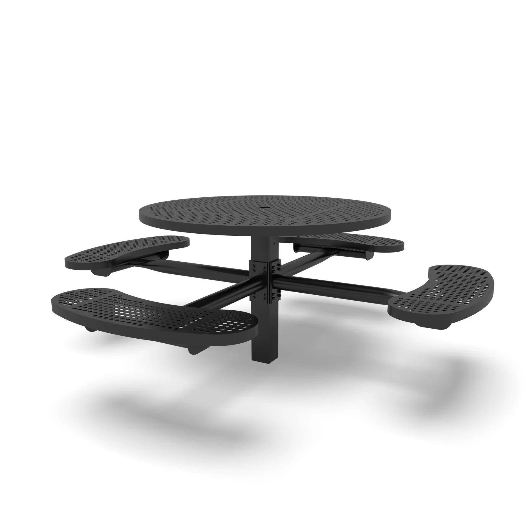 Black Wabash Valley Signature Round Pedestal Picnic Table, Perforated, Standard - 4 Seats - Inground, in plastisol-coated steel, model SG245P, outdoor cafe tables