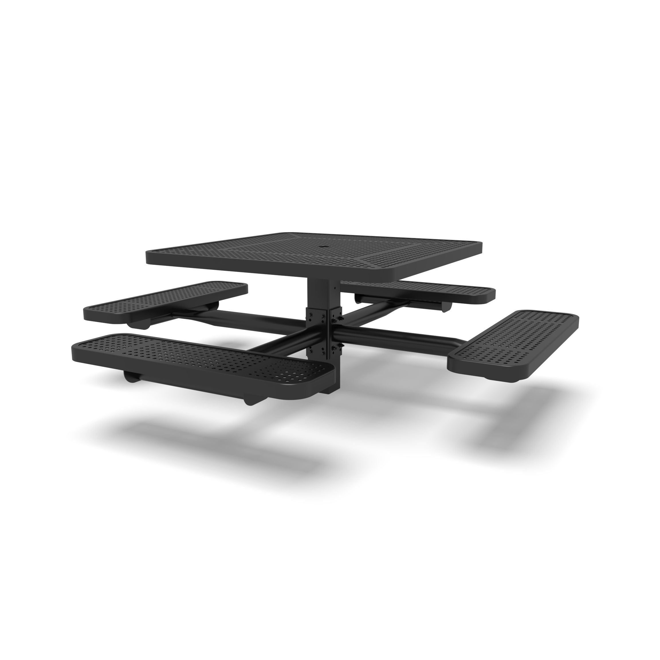 Black Wabash Valley Signature Square Pedestal Picnic Table, Perforated, Standard - 4 Seats - Inground - 40 Inch, in plastisol-coated steel, model SG215P, square metal patio table