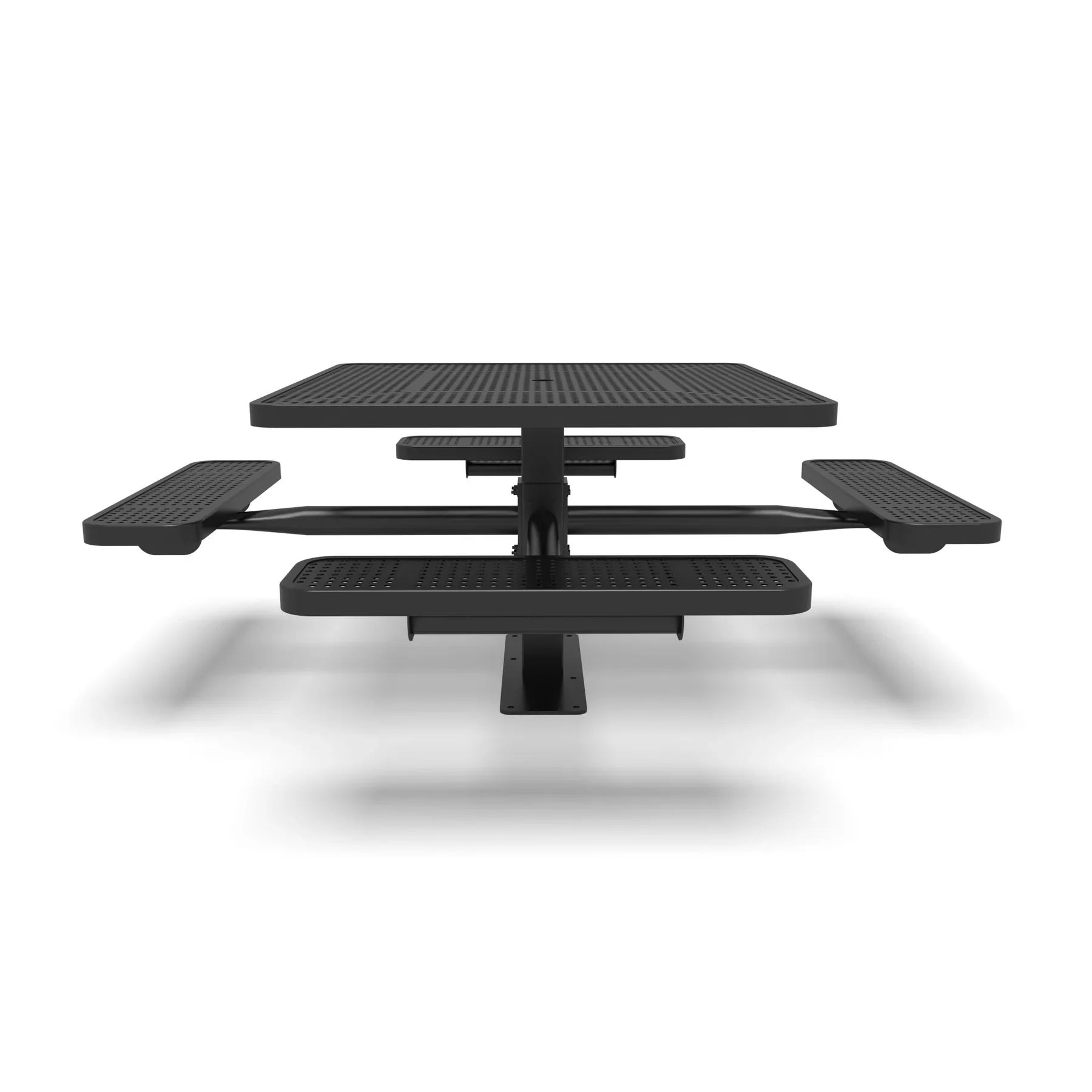 Black Wabash Valley Signature Square Pedestal Picnic Table, Perforated, Standard - 4 Seats - Surface Mount - 46 Inch, in plastisol-coated steel, model SG229P, square metal patio table