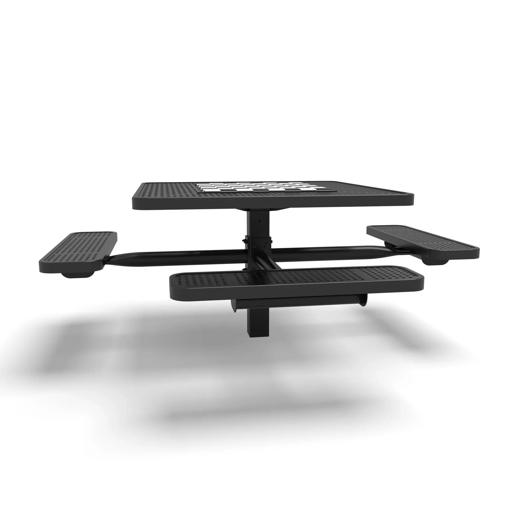 Black Wabash Valley Signature Square Pedestal Picnic Table, Perforated, Chessboard - ADA Accessible - Inground - 46 Inch, in plastisol-coated steel, model SP230P, outdoor checkers table