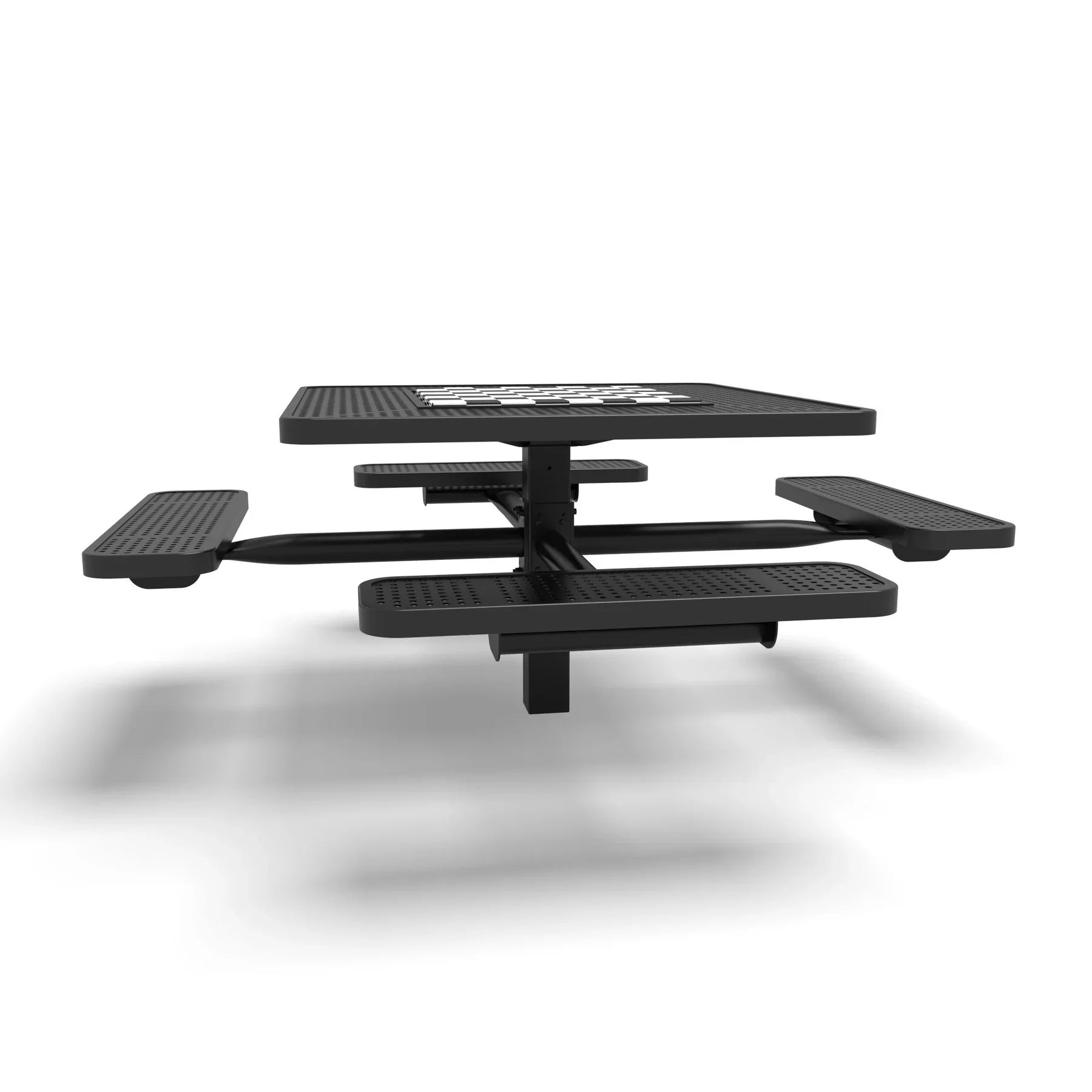 Black Wabash Valley Signature Square Pedestal Picnic Table, Perforated, Chessboard - 4 Seats - Inground - 46 Inch, in plastisol-coated steel, model SP225P, outdoor checkers table