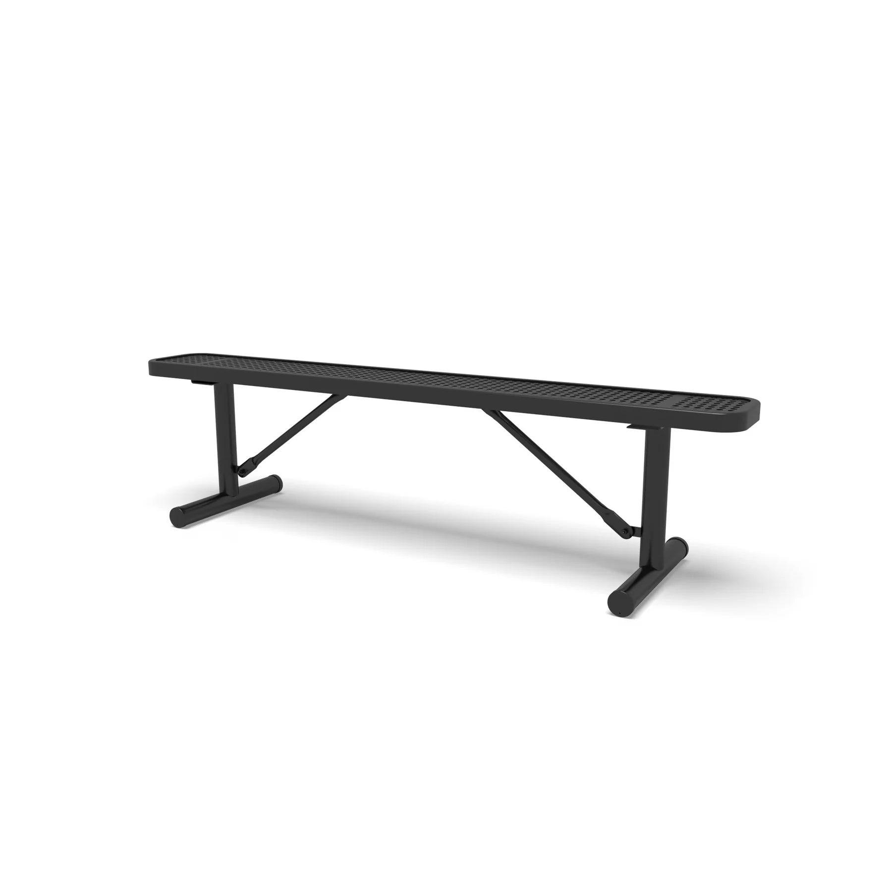 Black Wabash Valley Signature Steel Backless Bench, Perforated, 6' Portable with braced legs, all black, plastisol-coated steel, commercial seating bench