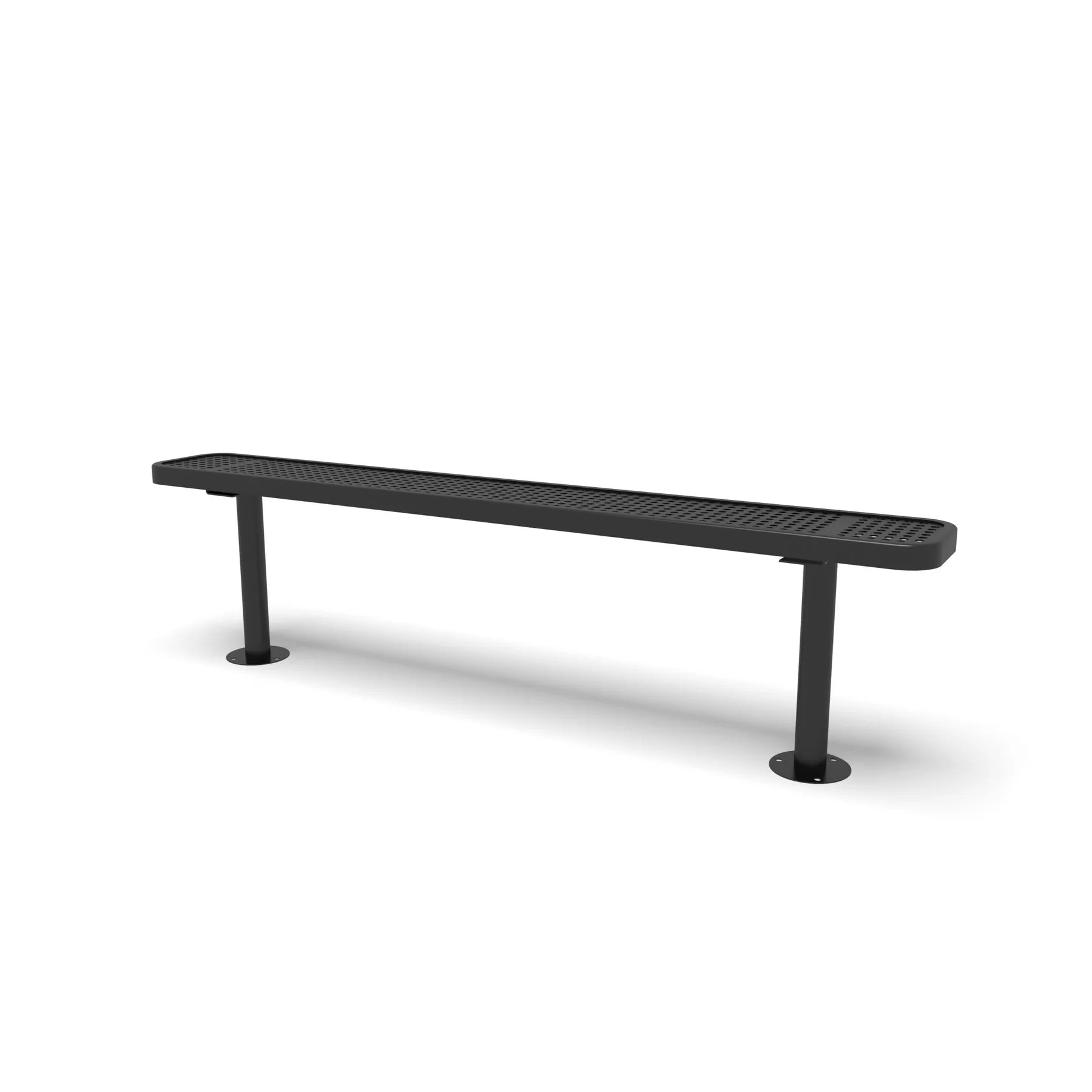 Black Wabash Valley Signature Steel Backless Bench, Perforated, 6' Surface Mount base plates, all black, plastisol-coated steel, walkway bench