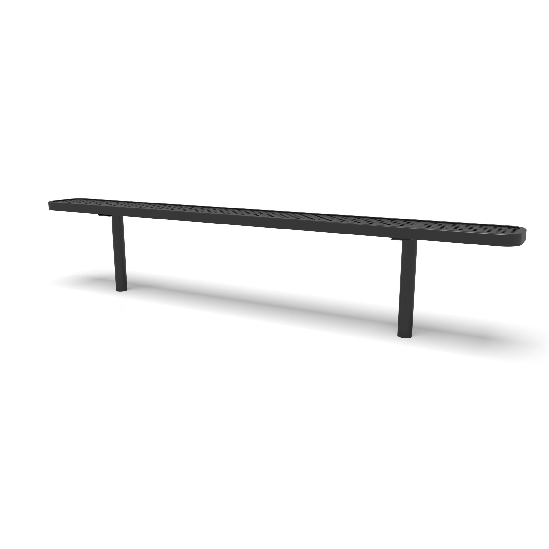 Black Wabash Valley Signature Steel Backless Bench, Perforated, 8' Inground posts, all black, plastisol-coated steel, commercial seating bench