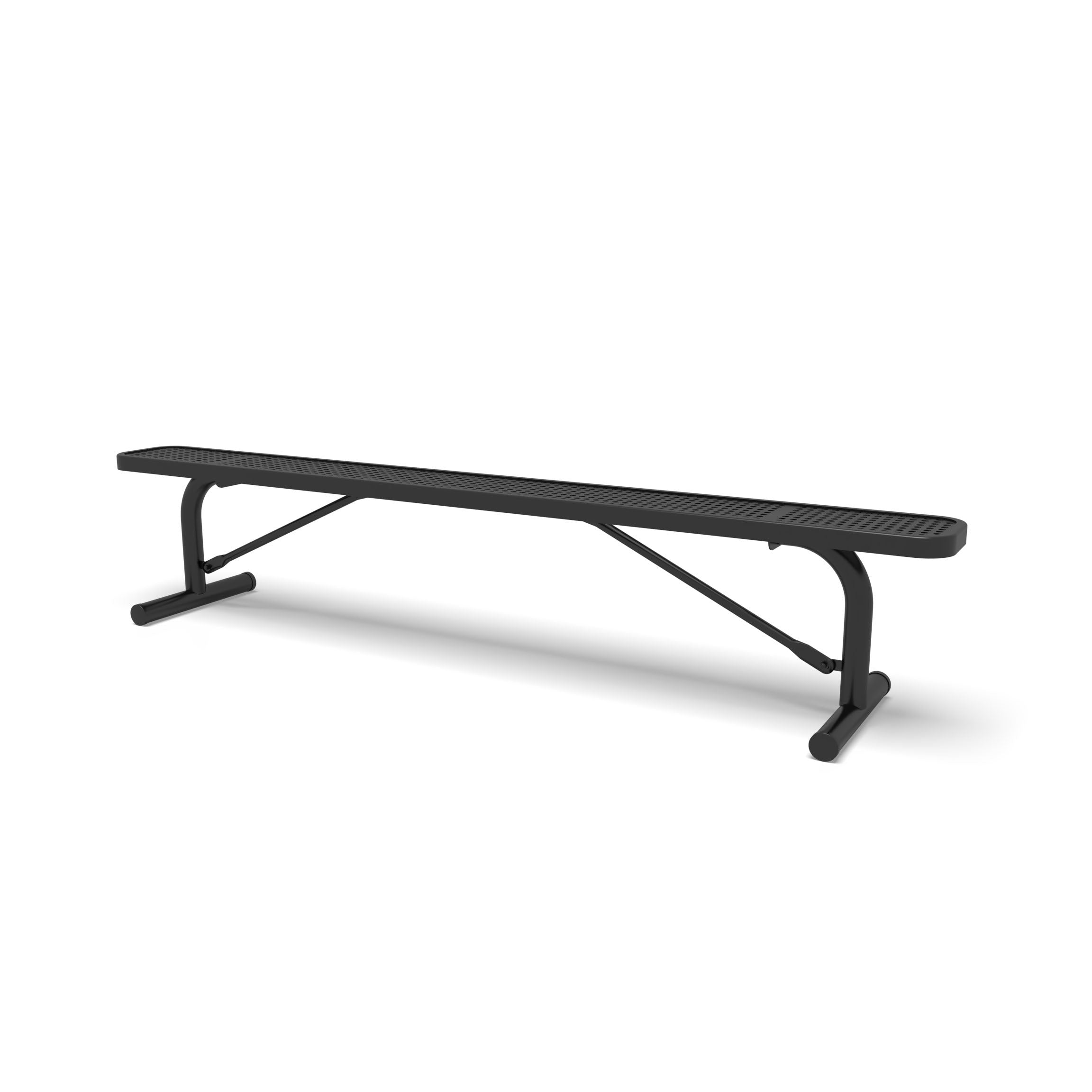 Black Wabash Valley Signature Steel Backless Bench, Perforated, 8' Portable with braced legs, all black, plastisol-coated steel, long outdoor bench