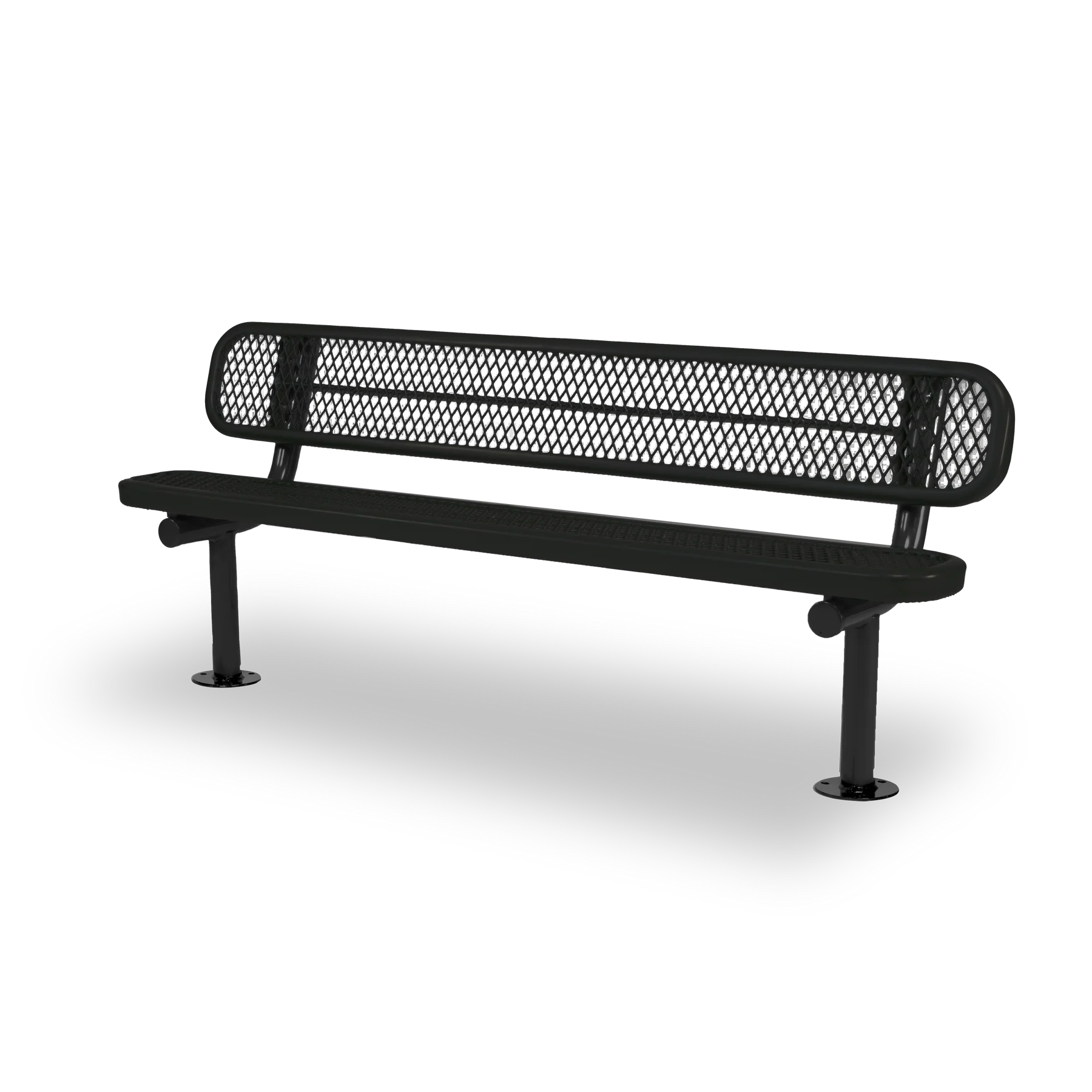 Black Wabash Valley Signature Steel Bench, Diamond seat and back, Surface Mount base plates, metal bench with back