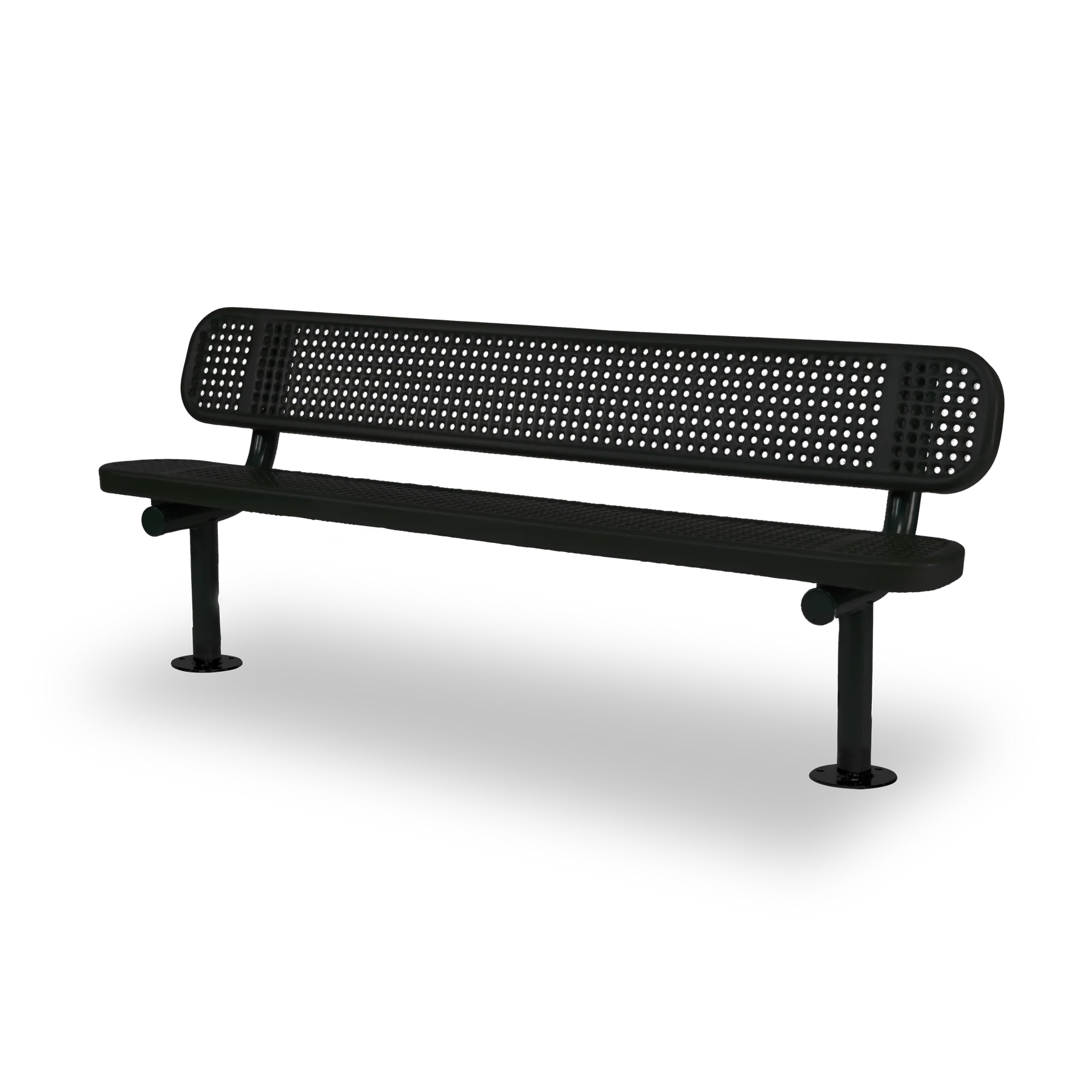 Black Wabash Valley Signature Steel Bench, Perforated seat and back, Surface Mount base plates, perforated metal bench