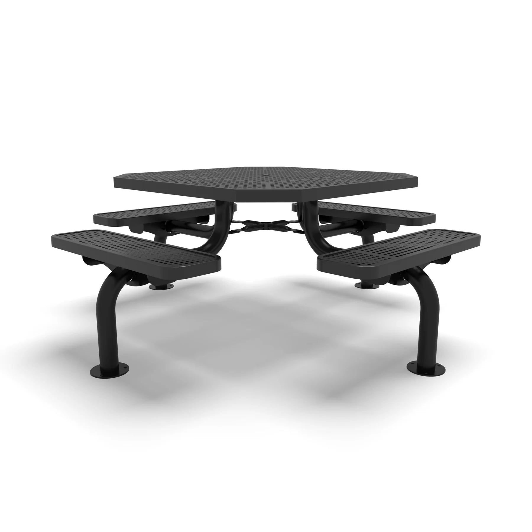 Black Wabash Valley Spyder Octagon 46 inch Picnic Table, Perforated plastisol coated steel, 4 attached seats, model SY125P, octagon shaped table