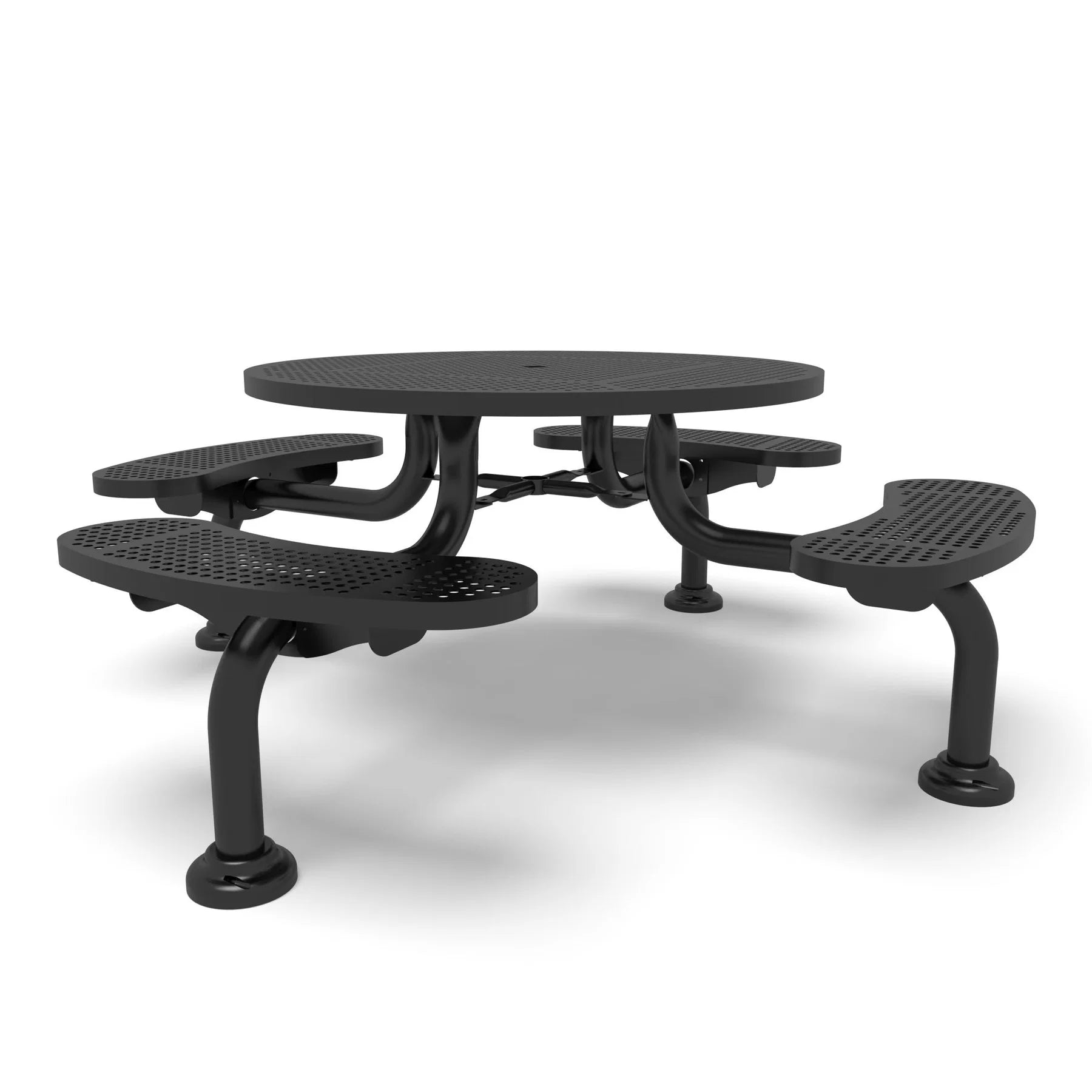 Black Wabash Valley Spyder Round Picnic Table, Perforated plastisol coated steel, 4 attached seats, model SY110P, round outdoor table with umbrella hole