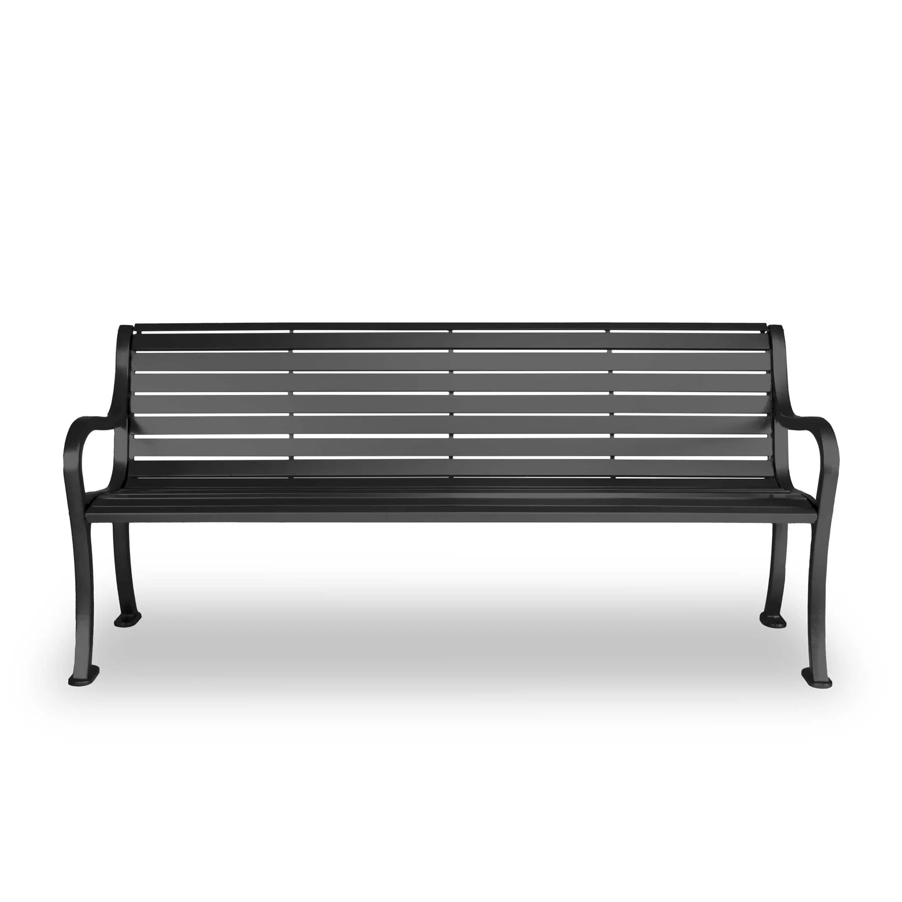 Black Wabash Valley Steel Covington Bench, horizontal slat aluminum seat, cast aluminum frame, front view, model CO1119C, 6 ft outdoor bench
