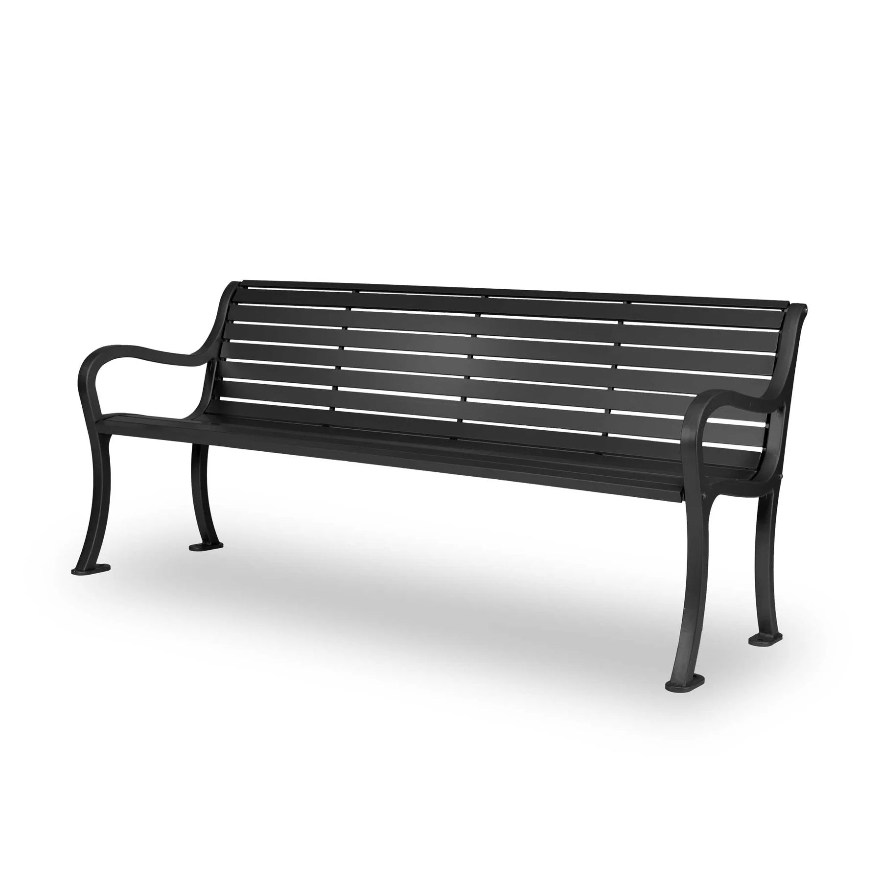 Black Wabash Valley Steel Covington Bench, horizontal slat aluminum seat, cast aluminum frame, model CO1119C, 6 ft outdoor bench