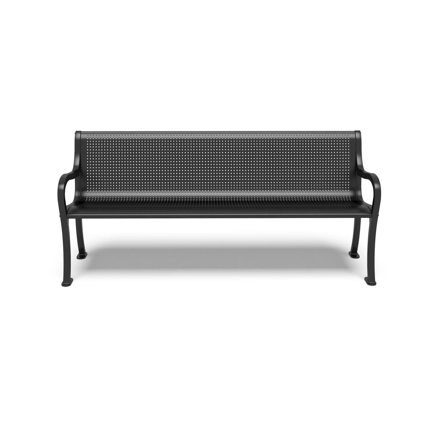 Black Wabash Valley Steel Covington Bench, round perforated steel seat, cast aluminum frame, front view, model CO1116C, black metal bench