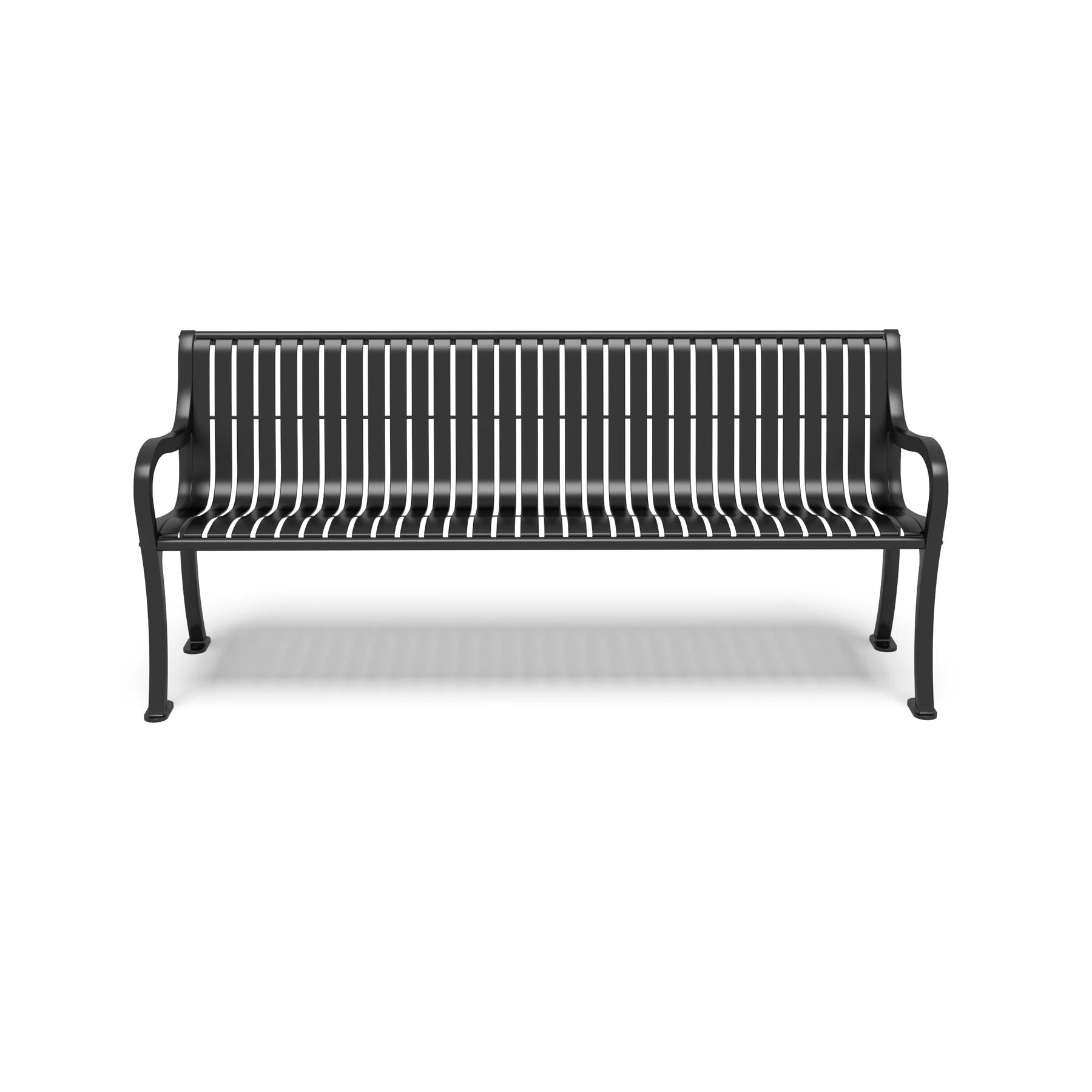 Black Wabash Valley Steel Covington Bench, vertical slat steel seat, cast aluminum frame, front view, model CO1113C, outdoor park bench