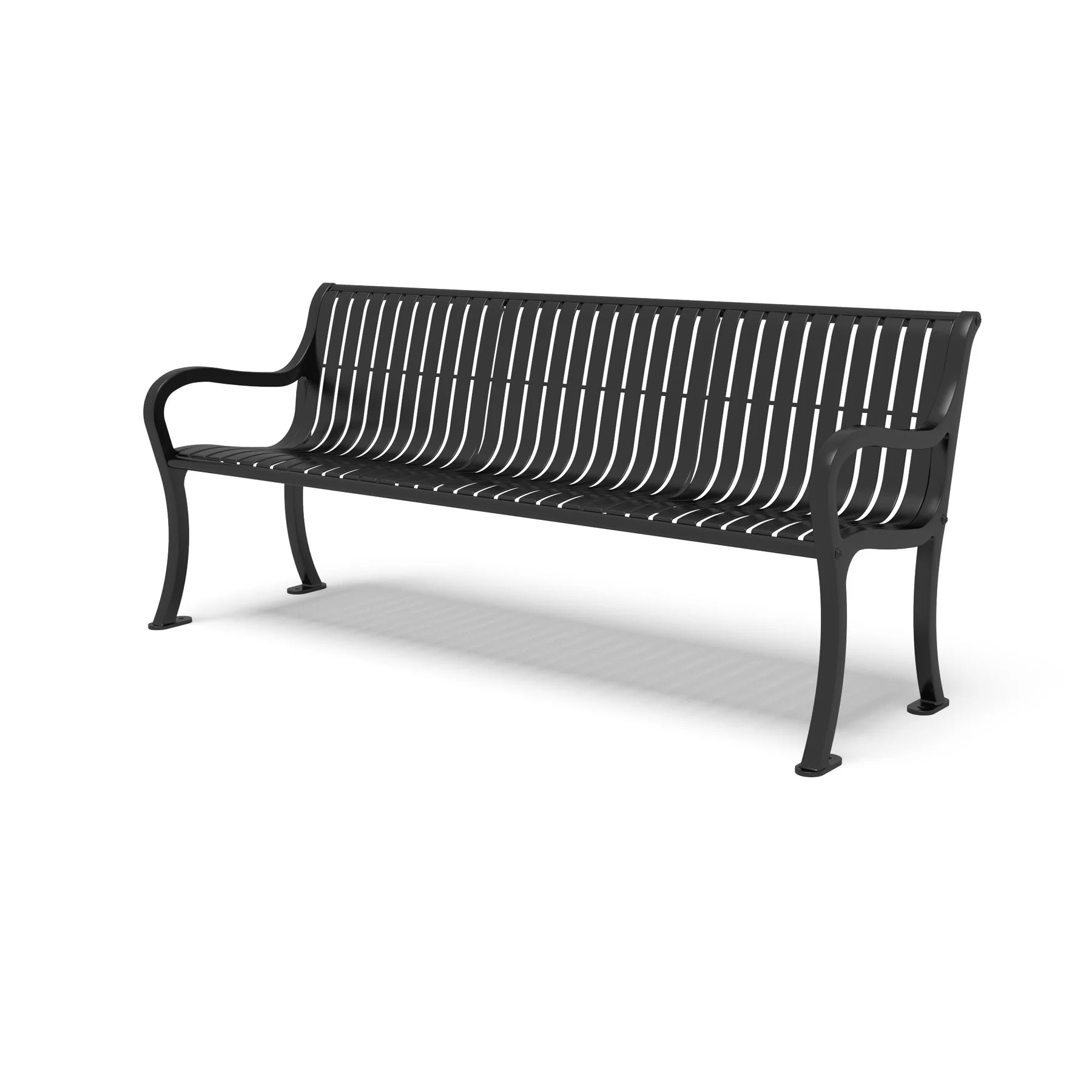 Black Wabash Valley Steel Covington Bench, vertical slat steel seat, cast aluminum frame, model CO1113C, outdoor park bench