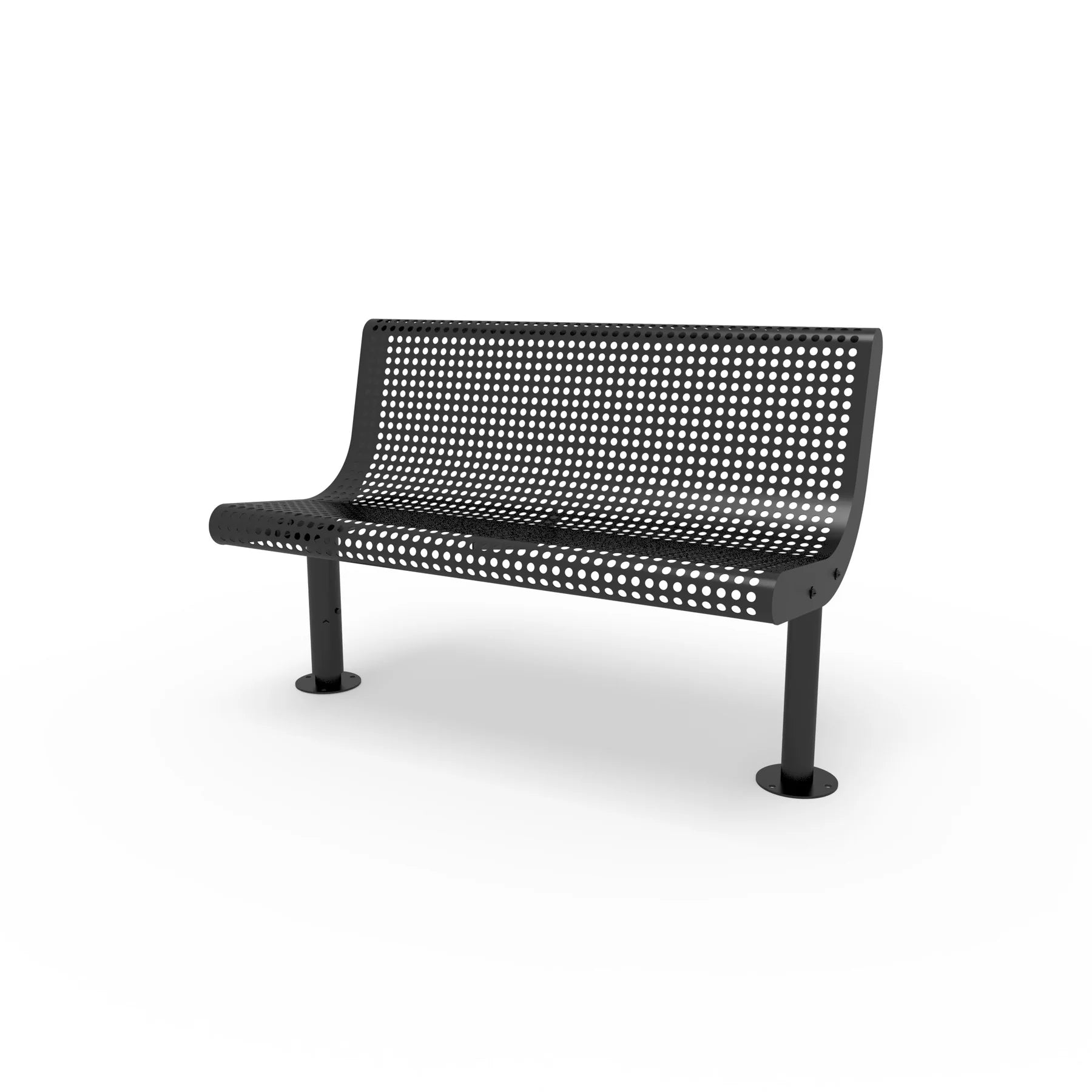 Black Wabash Valley Steel Transit Bench, No Armrests, 4 ft perforated steel seat and back on adjustable surface mount legs, model TR310P, municipal bench