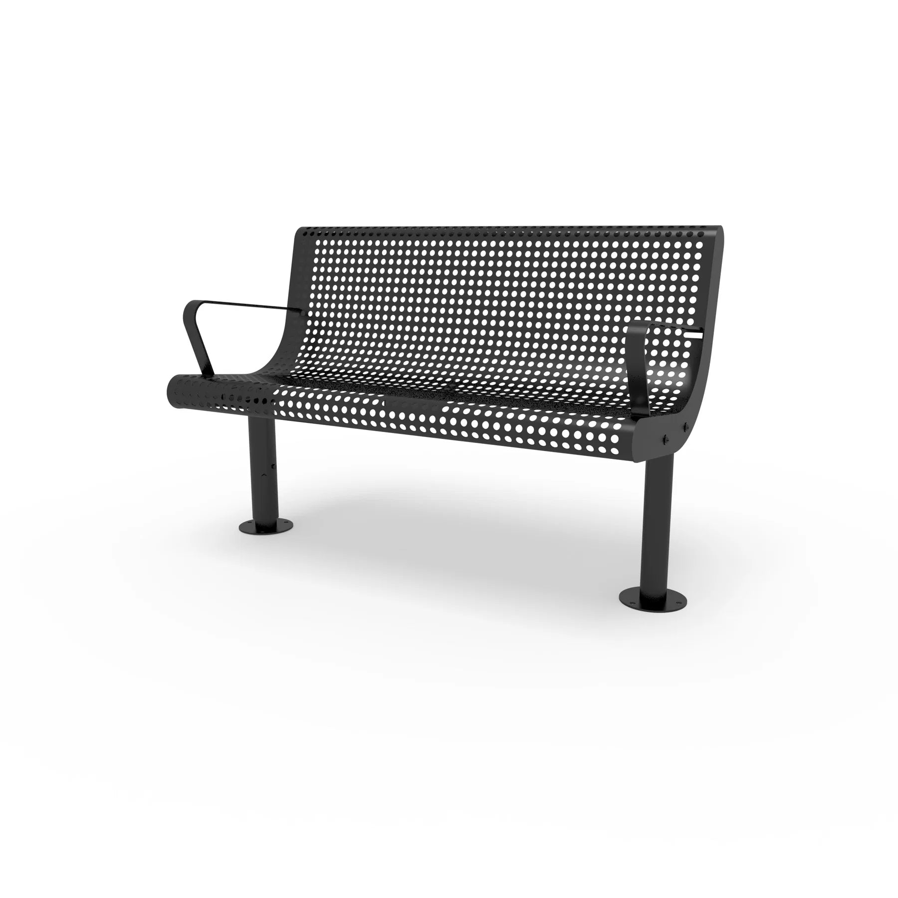 Black Wabash Valley Steel Transit Bench, With Armrests, 4 ft perforated steel seat and back on adjustable surface mount legs, model TR300P, bus stop seating