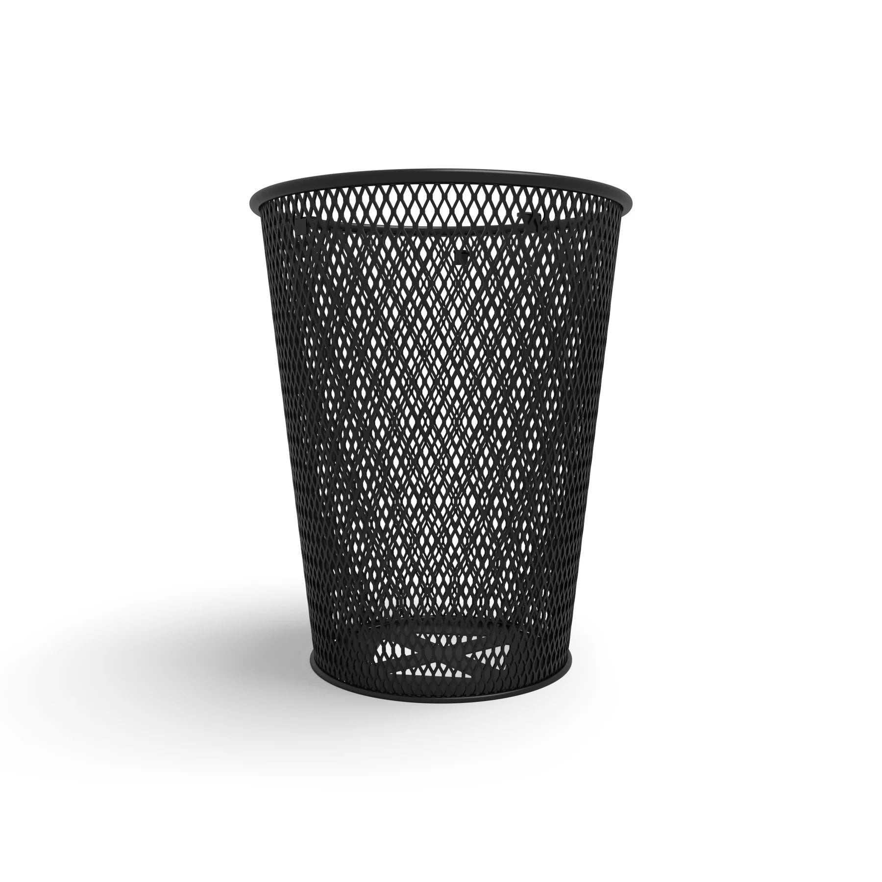 Black Wabash Valley Tapered Trash Receptacle, tapered diamond expanded metal body, plastisol coated, model LR350D, street trash can