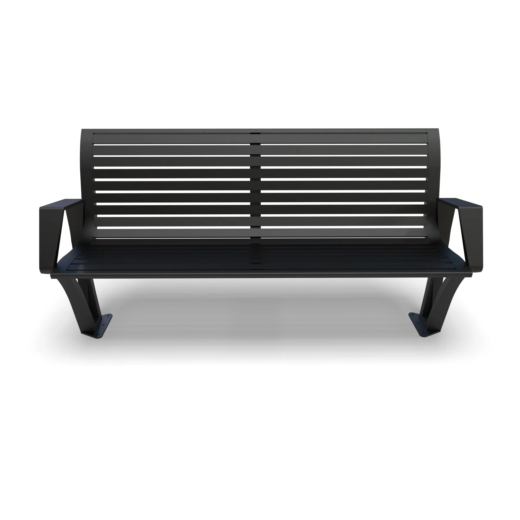 Black Wabash Valley Woodridge Aluminum Bench, horizontal slat seat and back, cast aluminum legs, surface mount, front view, model WO1119S, modern metal outdoor bench