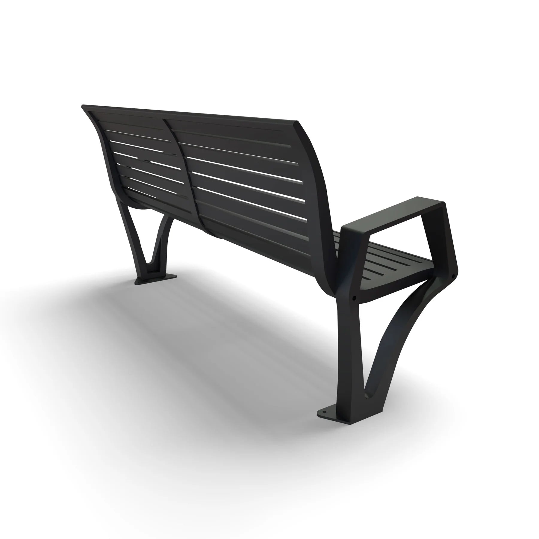 Black Wabash Valley Woodridge Aluminum Bench, horizontal slat seat and back, cast aluminum legs, surface mount, rear view, model WO1119S, modern metal bench