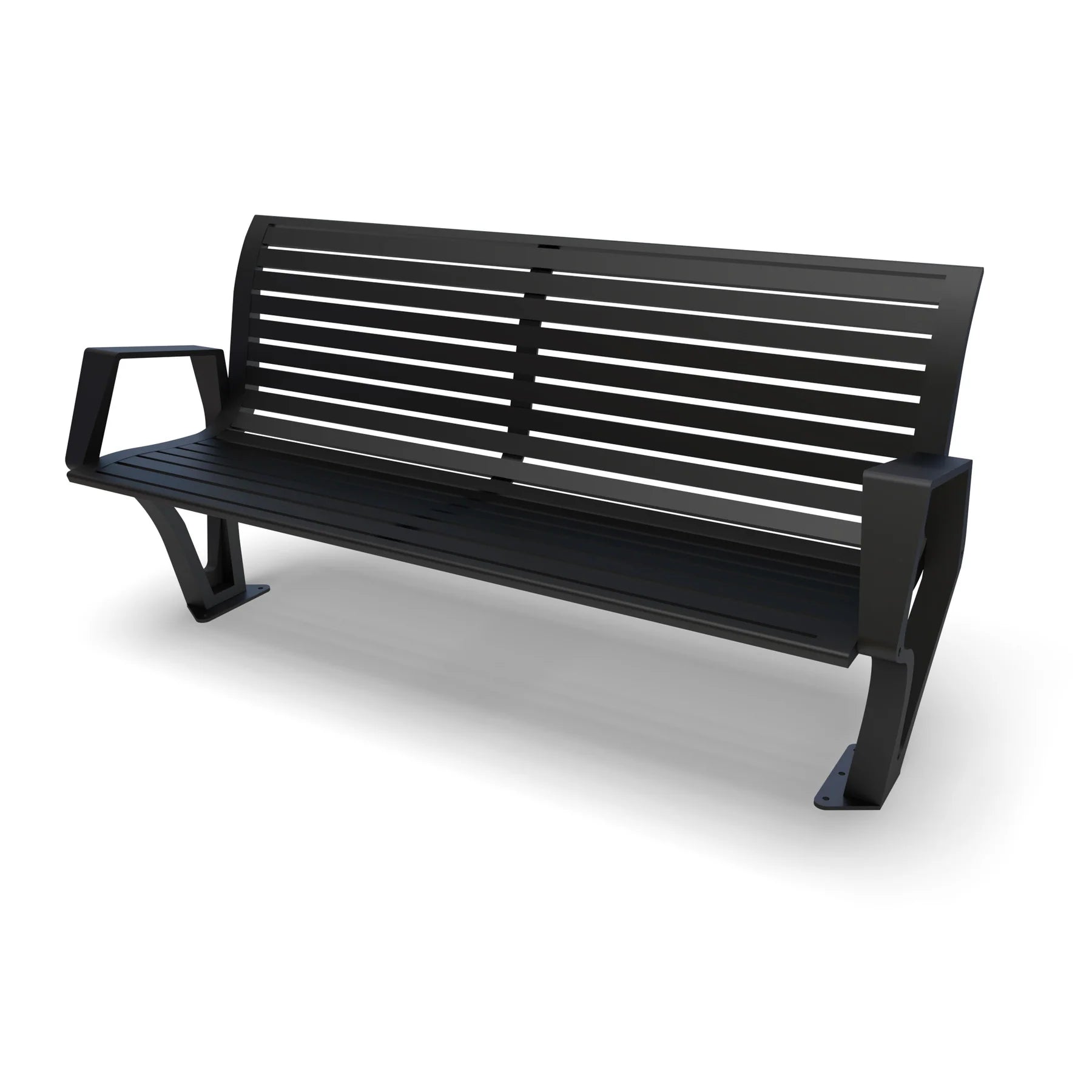 Black Wabash Valley Woodridge Aluminum Bench, horizontal slat seat and back, cast aluminum legs, surface mount, model WO1119S, modern metal bench
