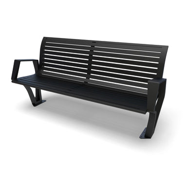 Black Wabash Valley Woodridge Aluminum Bench, horizontal slat seat and back, cast aluminum legs, surface mount, model WO1119S, modern metal bench