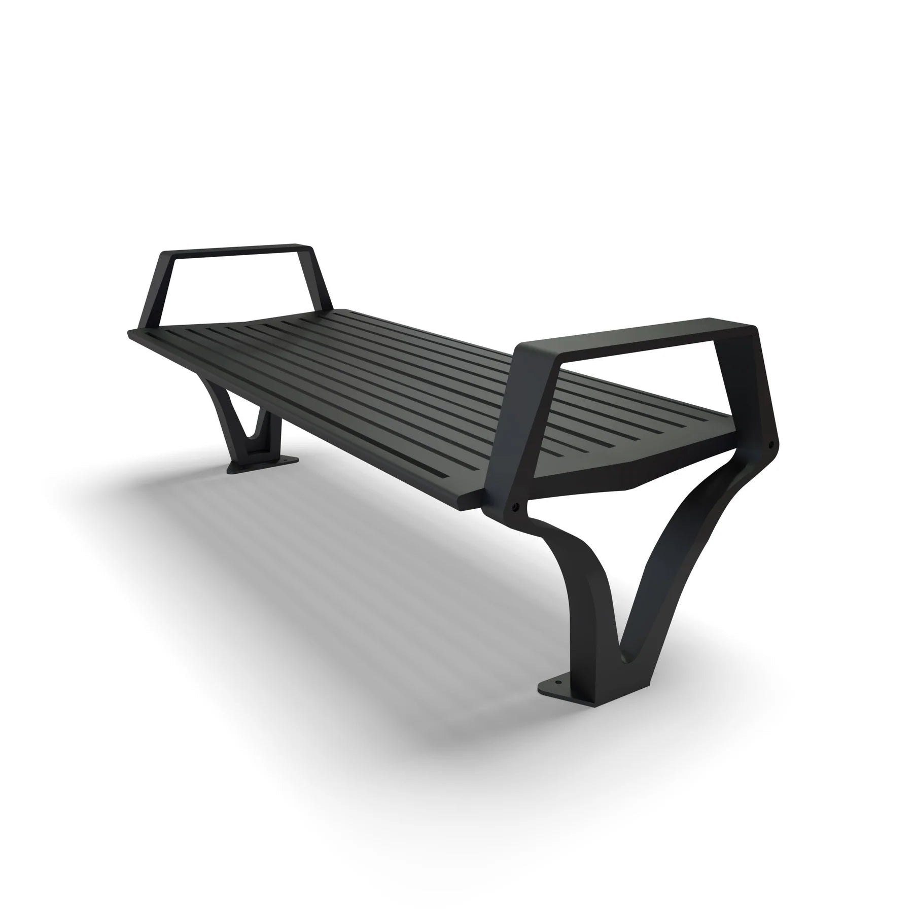 Black Wabash Valley Woodridge Backless Aluminum Bench, wide horizontal slat seat with arms, cast aluminum legs, surface mount, end view, model WO1419S, rooftop furniture