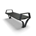 Black Wabash Valley Woodridge Backless Aluminum Bench, wide horizontal slat seat with arms, cast aluminum legs, surface mount, end view, model WO1419S, rooftop furniture