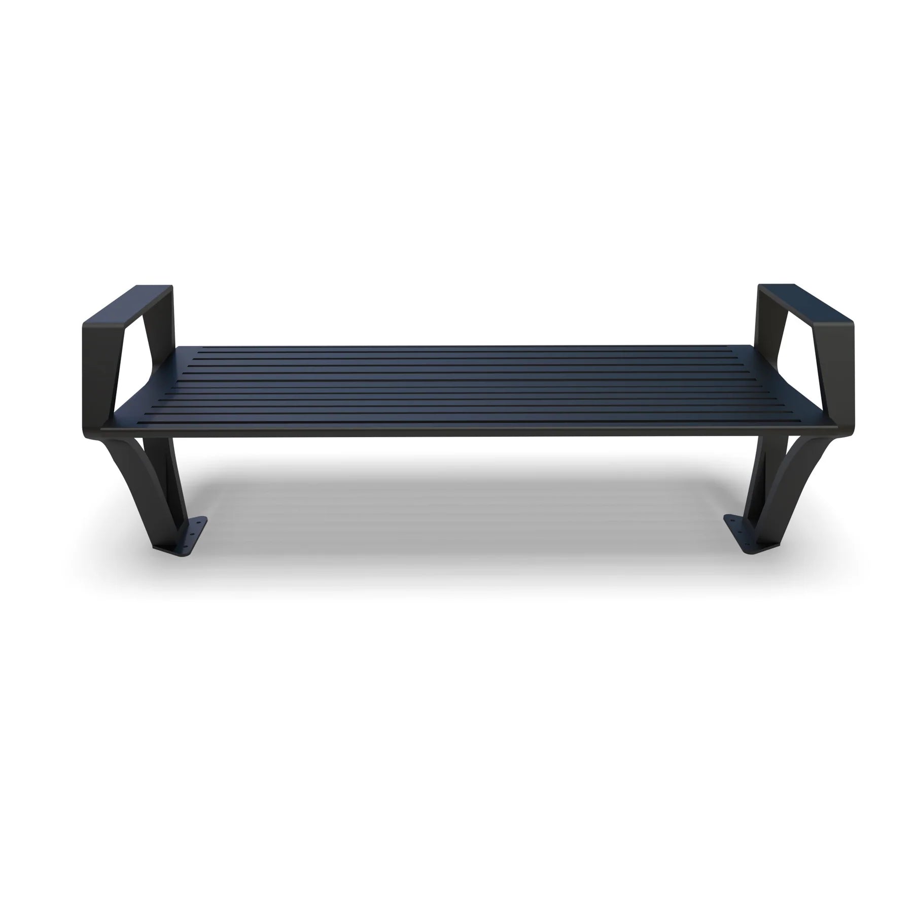 Black Wabash Valley Woodridge Backless Aluminum Bench, wide horizontal slat seat with arms, cast aluminum legs, surface mount, front view, model WO1419S, modern garden bench