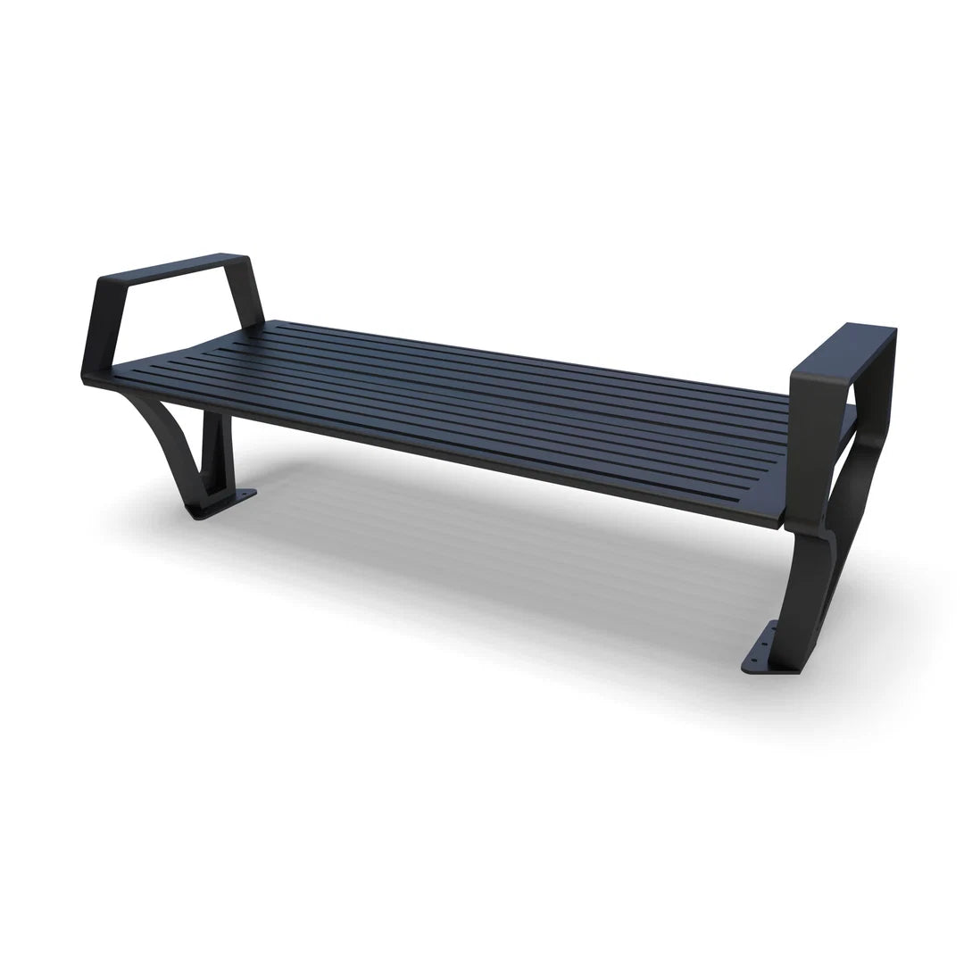 Black Wabash Valley Woodridge Backless Aluminum Bench, wide horizontal slat seat with arms, cast aluminum legs, surface mount, model WO1419S, rooftop furniture
