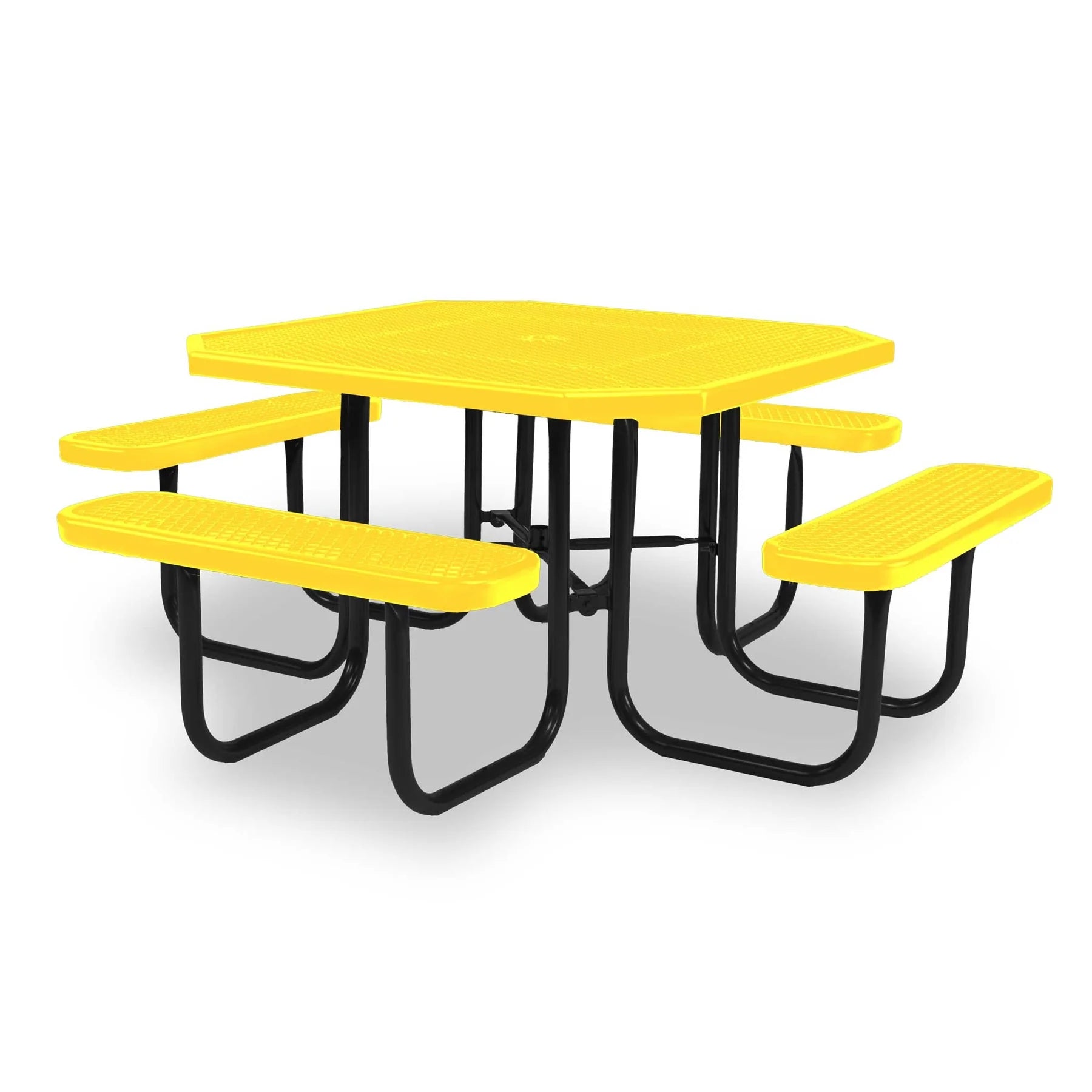 Black & Yellow Wabash Valley Signature Octagon Diamond Metal Portable Picnic Table, yellow top and seats on a black frame, plastisol-coated steel, octagon shaped picnic table