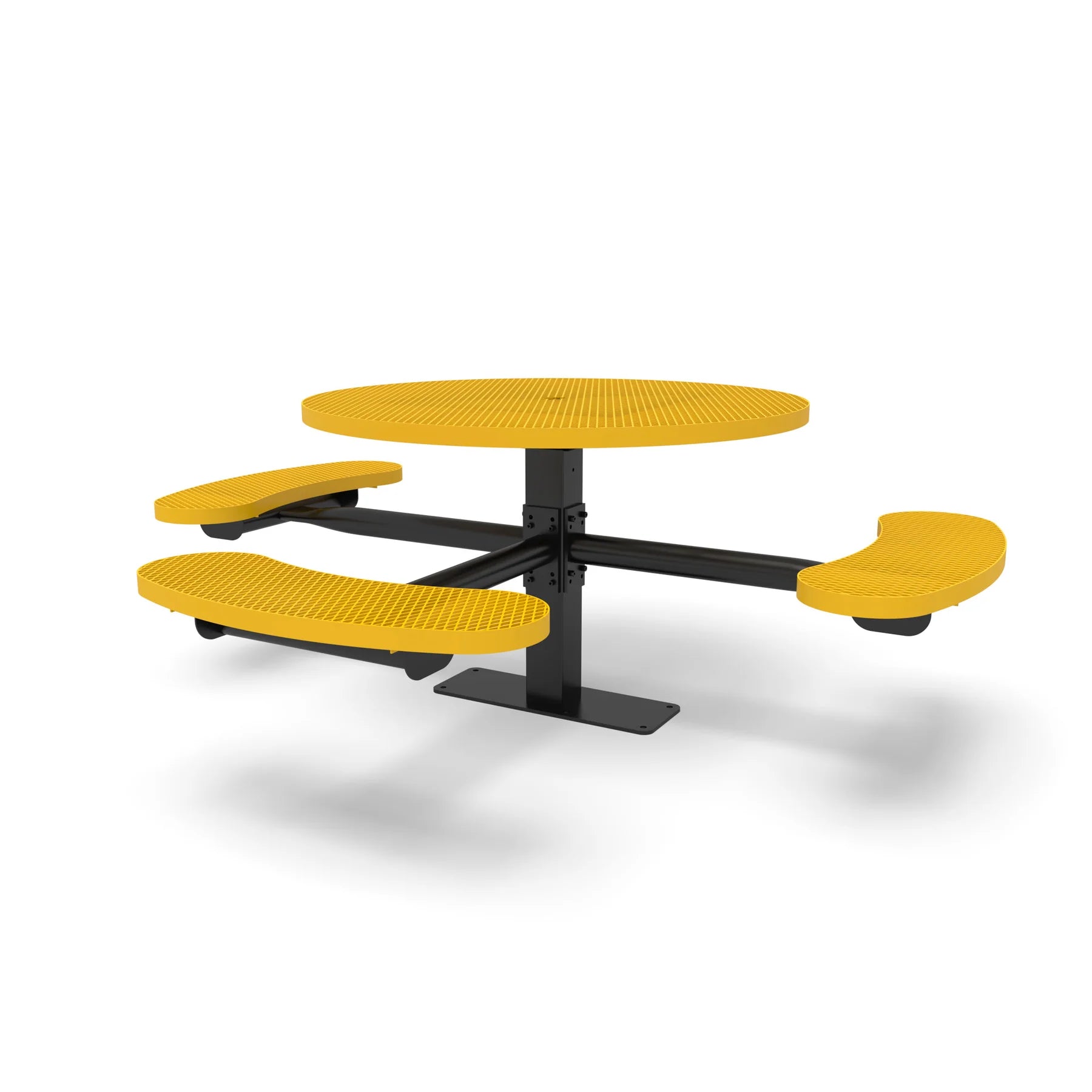 Black & Yellow Wabash Valley Signature Round Pedestal Picnic Table, Diamond, Standard - ADA Accessible - Surface Mount, in plastisol-coated steel, model SG249D, ada compliant table